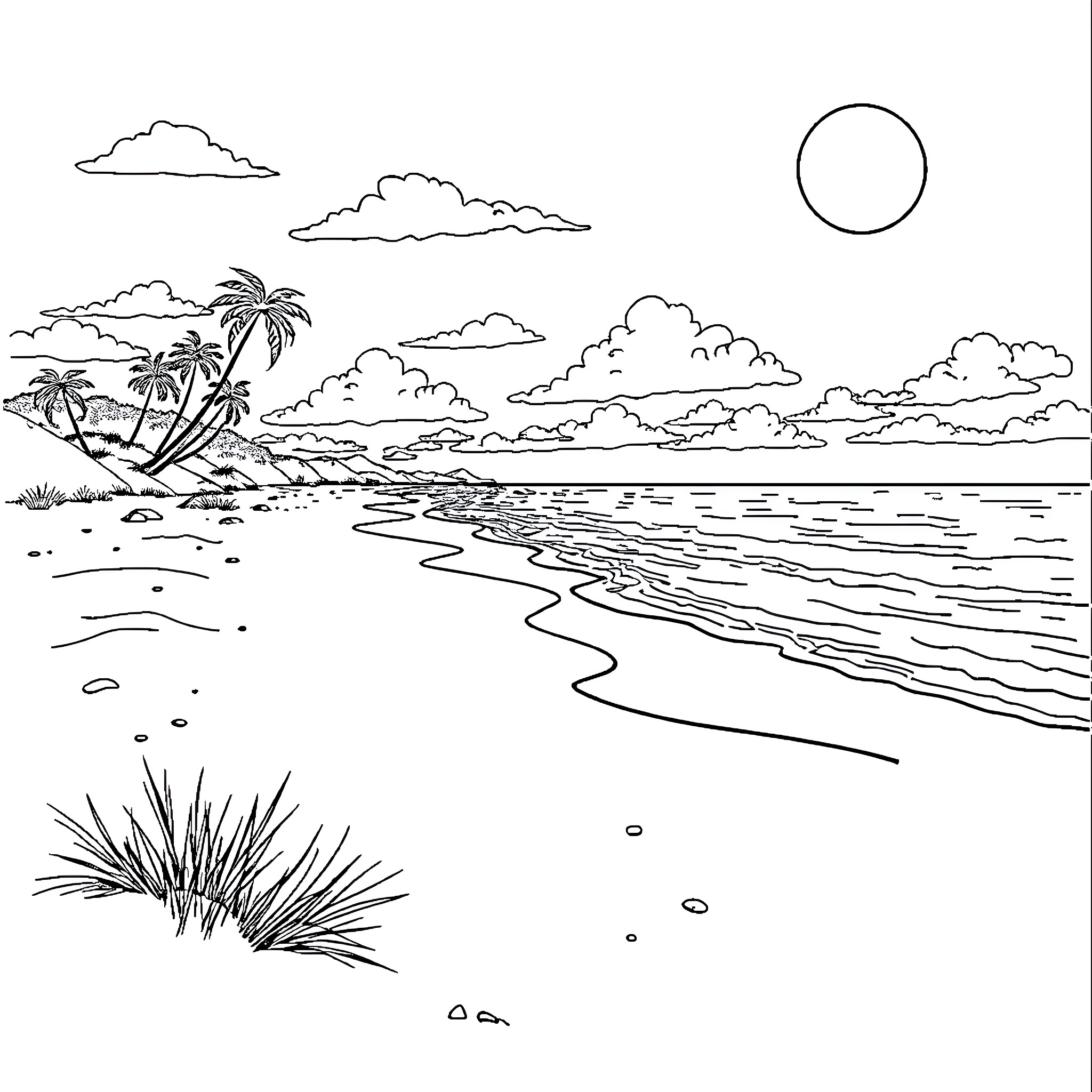 Beach scene with palm trees and ocean Coloring Page (free black-and-white line drawing printable PDF for all, from beginners to advanced learners, including children, teens, adults, and seniors)