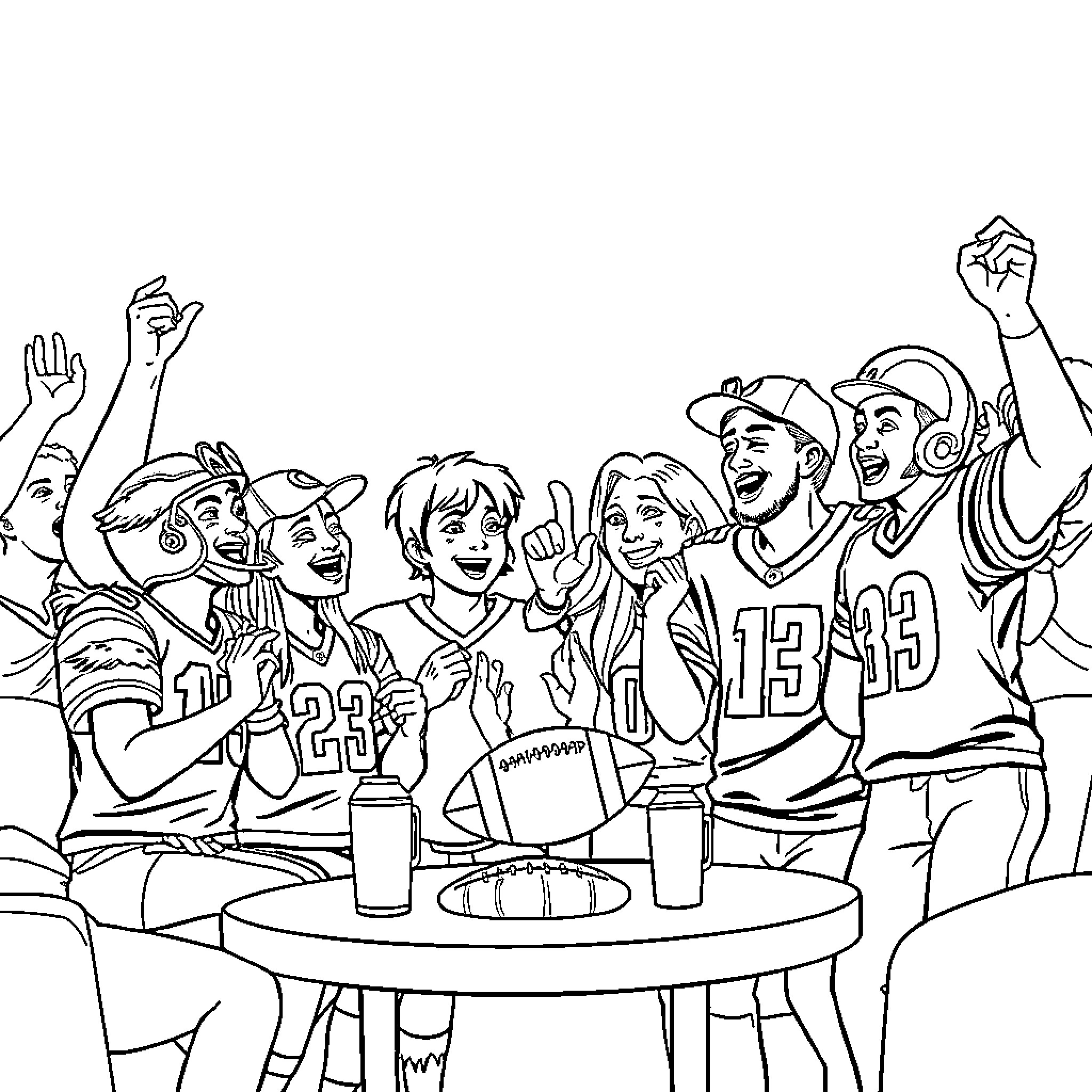 Eagle fans celebrating a game victory Coloring Page (free black-and-white line drawing printable PDF for all, from beginners to advanced learners, including children, teens, adults, and seniors)