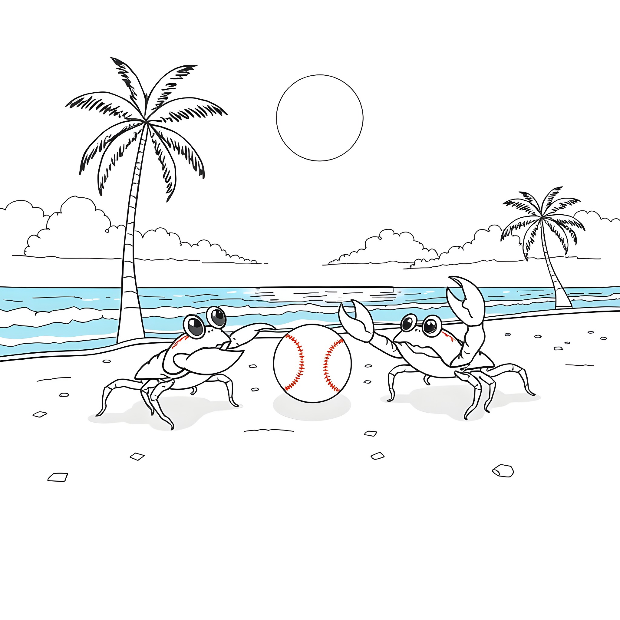 Crab friends playing with a ball on the beach Coloring Page (free black-and-white line drawing printable PDF for all, from beginners to advanced learners, including children, teens, adults, and seniors)