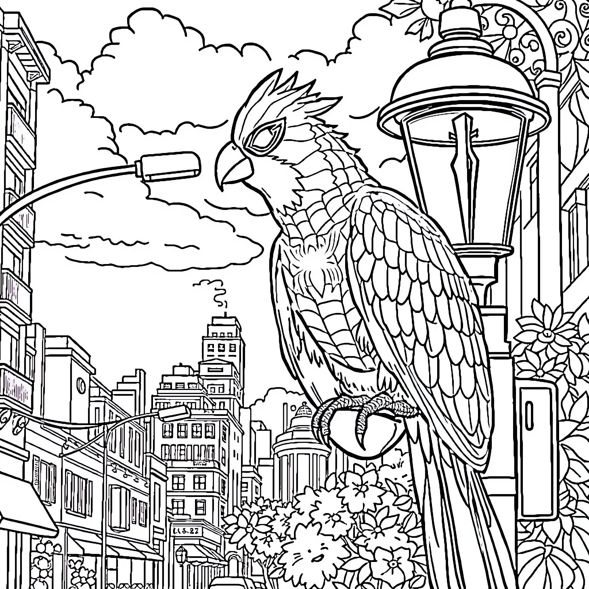 Quetzal soaring above a vibrant city landscape Coloring Page (free black-and-white line drawing printable PDF for all, from beginners to advanced learners, including children, teens, adults, and seniors)