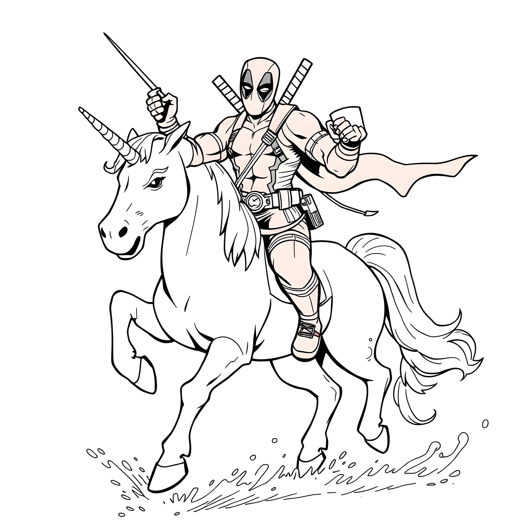Deadpool riding a unicorn into action Coloring Page (free black-and-white line drawing printable PDF for all, from beginners to advanced learners, including children, teens, adults, and seniors)