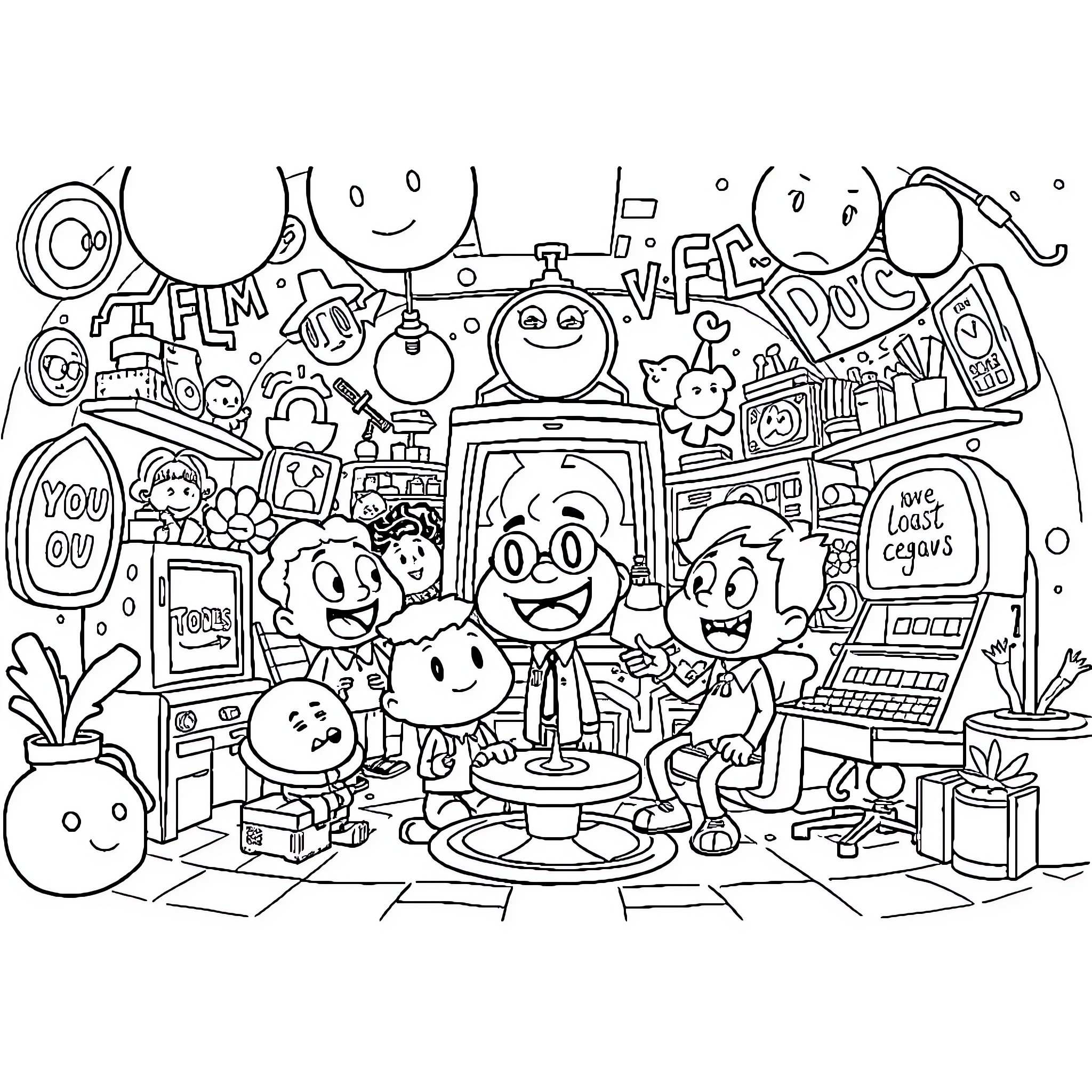 Gumball characters in a colorful, whimsical scene Coloring Page (free black-and-white line drawing printable PDF for all, from beginners to advanced learners, including children, teens, adults, and seniors)