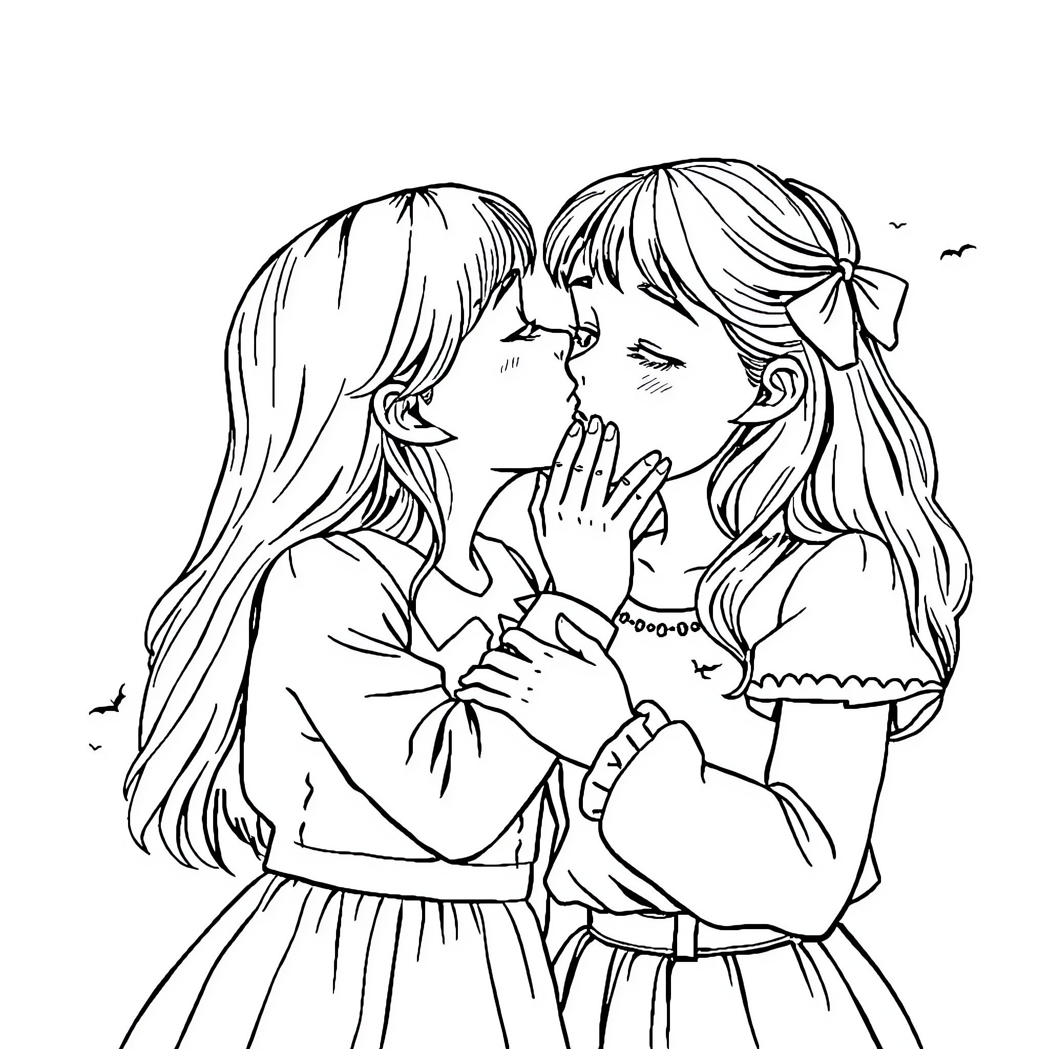 Girls embracing with affection Coloring Page (free black-and-white line drawing printable PDF for all, from beginners to advanced learners, including children, teens, adults, and seniors)