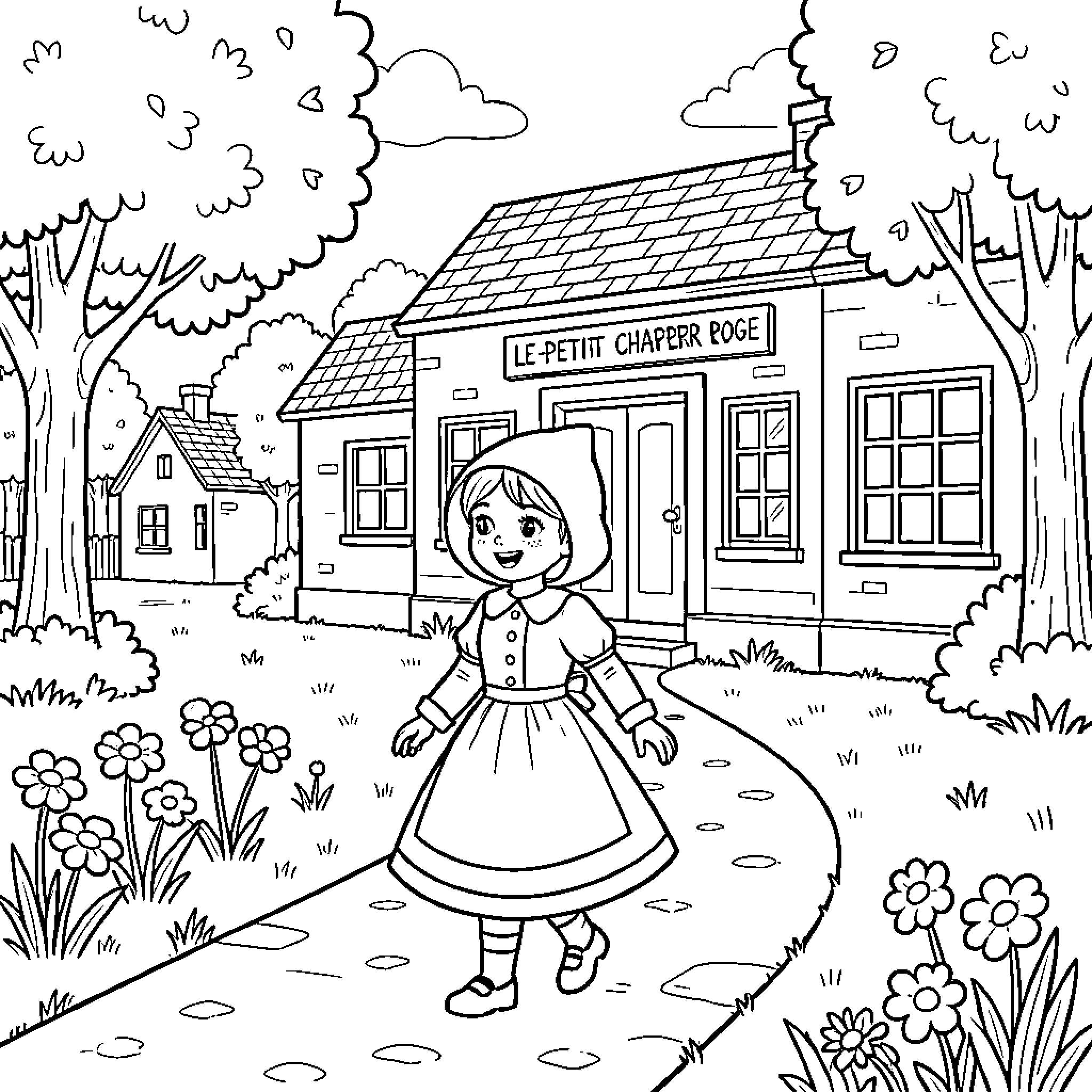 Little Red Riding Hood walking along a garden path Coloring Page (free black-and-white line drawing printable PDF for all, from beginners to advanced learners, including children, teens, adults, and seniors)