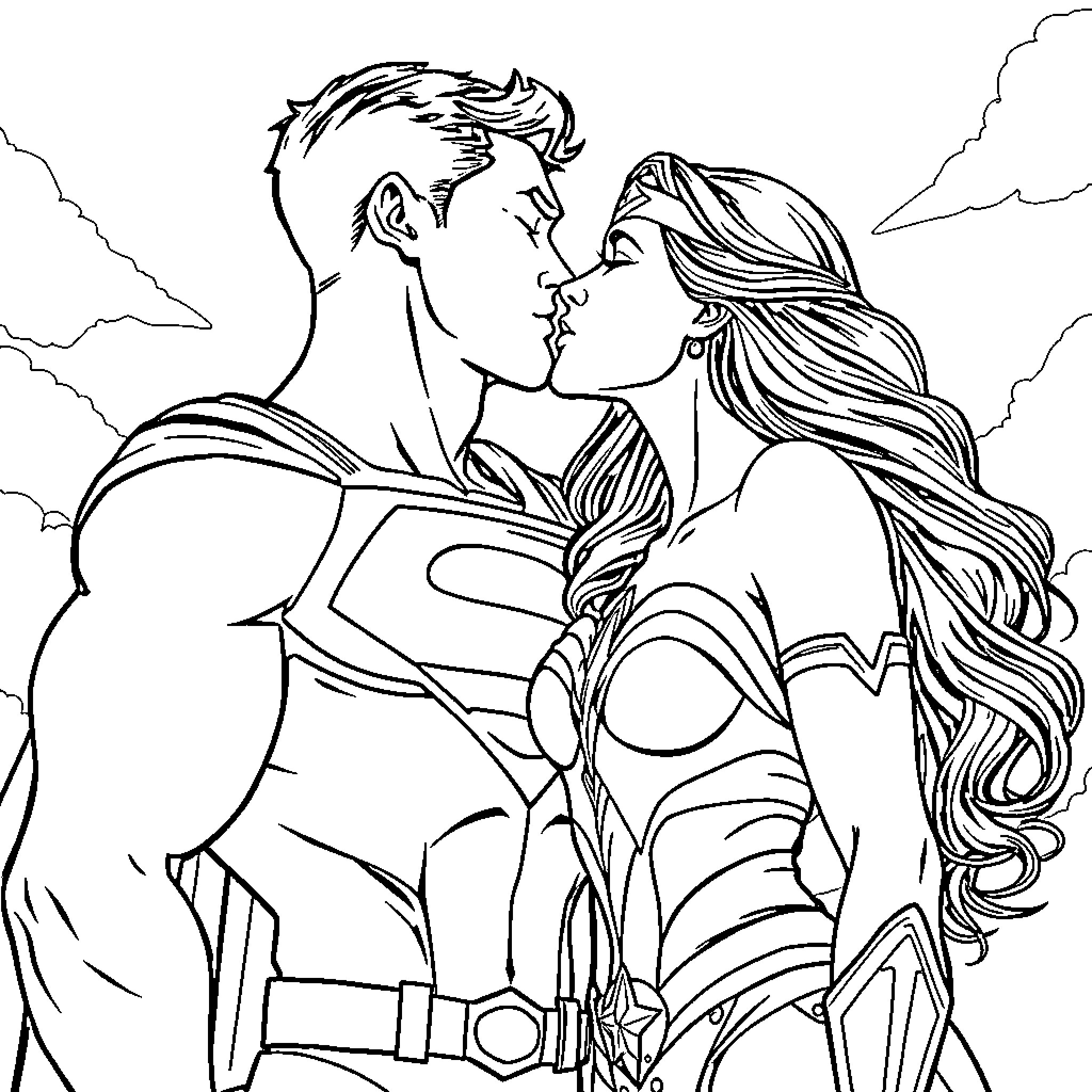 Superman and Wonder Woman sharing intimate moment Coloring Page (free black-and-white line drawing printable PDF for all, from beginners to advanced learners, including children, teens, adults, and seniors)