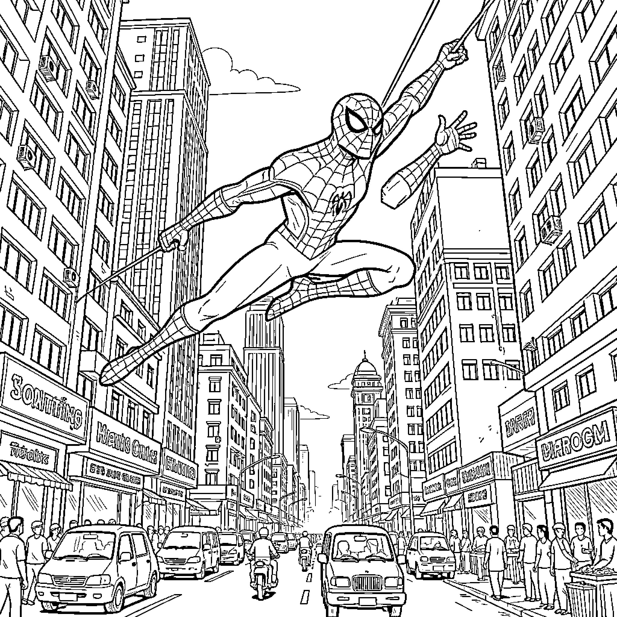 Spiderman swinging through tall city buildings Coloring Page (free black-and-white line drawing printable PDF for all, from beginners to advanced learners, including children, teens, adults, and seniors)