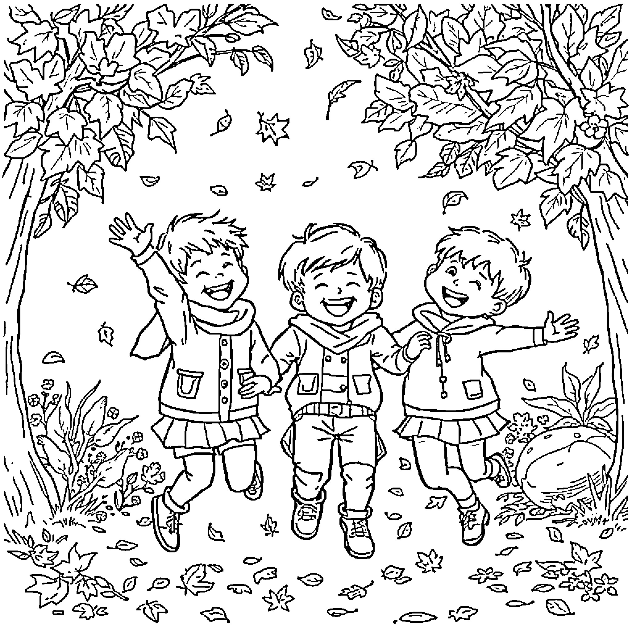 Child playing happily in the autumn leaves Coloring Page (free black-and-white line drawing printable PDF for all, from beginners to advanced learners, including children, teens, adults, and seniors)