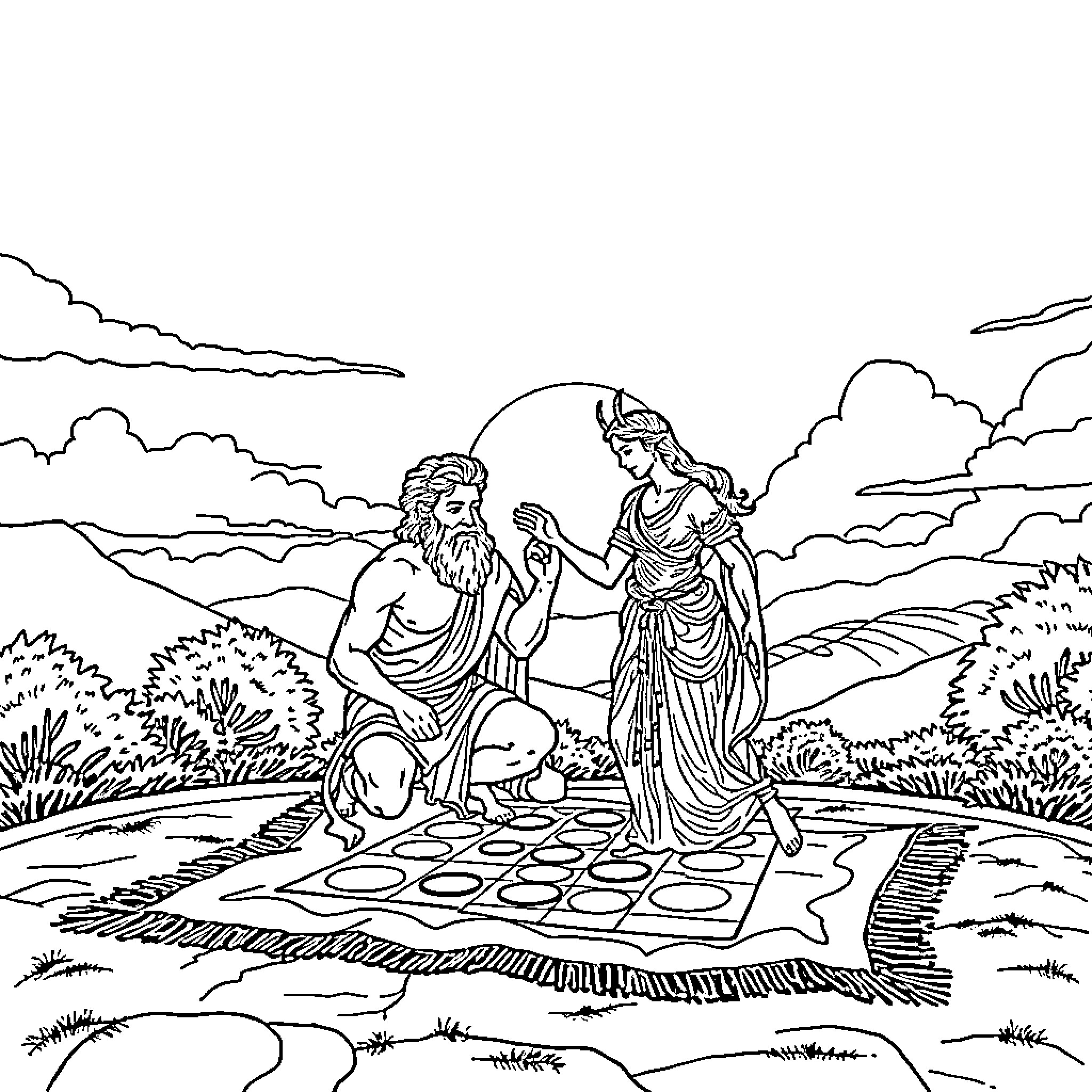 Roman God Playing Chess with Immortal Deity Coloring Page (free black-and-white line drawing printable PDF for all, from beginners to advanced learners, including children, teens, adults, and seniors)