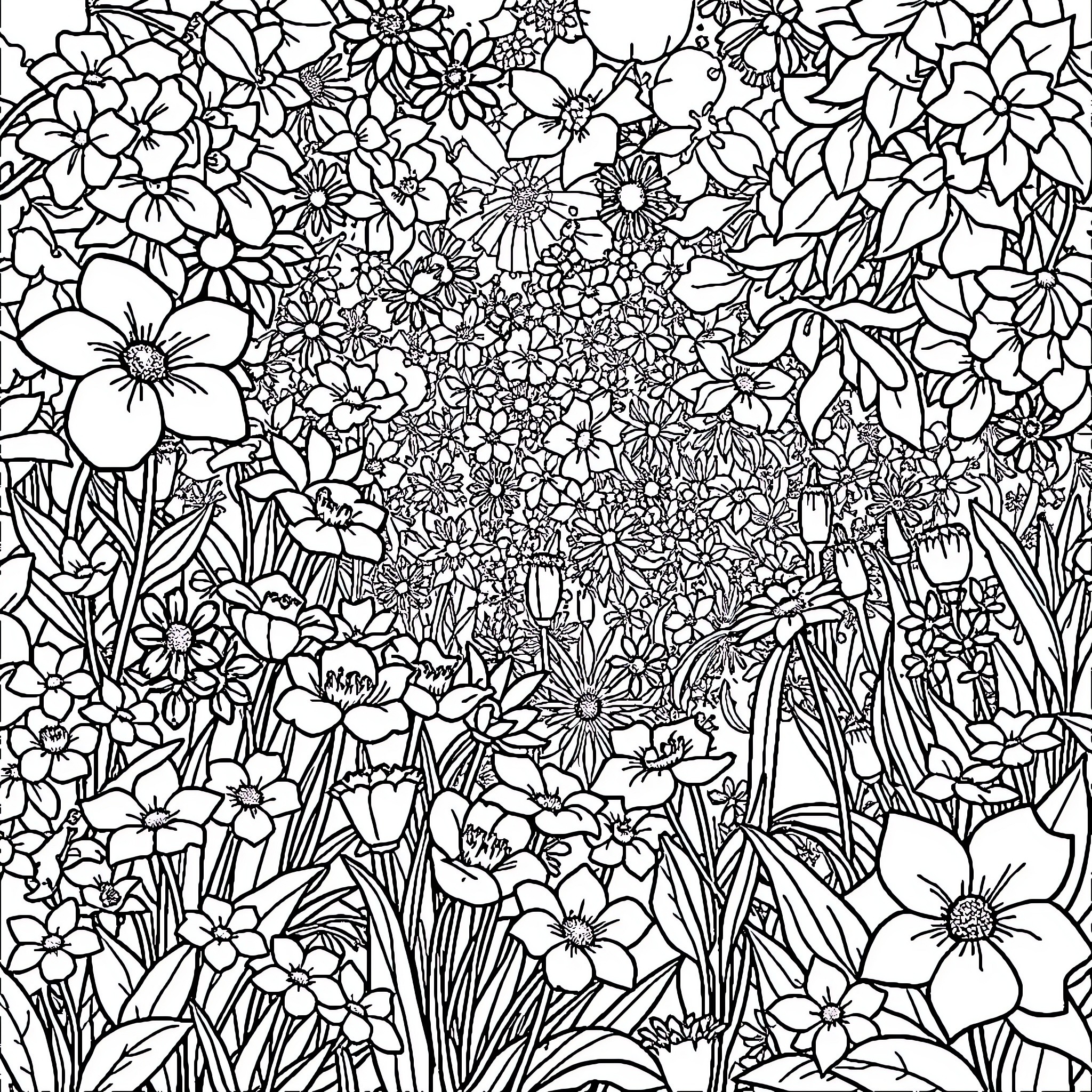 Garden full of beautiful floral patterns Coloring Page (free black-and-white line drawing printable PDF for all, from beginners to advanced learners, including children, teens, adults, and seniors)