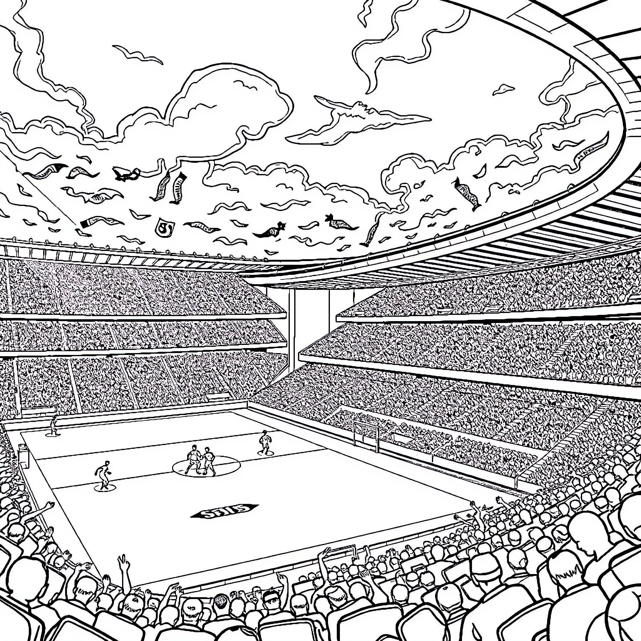 Schalke Football Stadium with Stormy Clouds Coloring Page (free black-and-white line drawing printable PDF for all, from beginners to advanced learners, including children, teens, adults, and seniors)