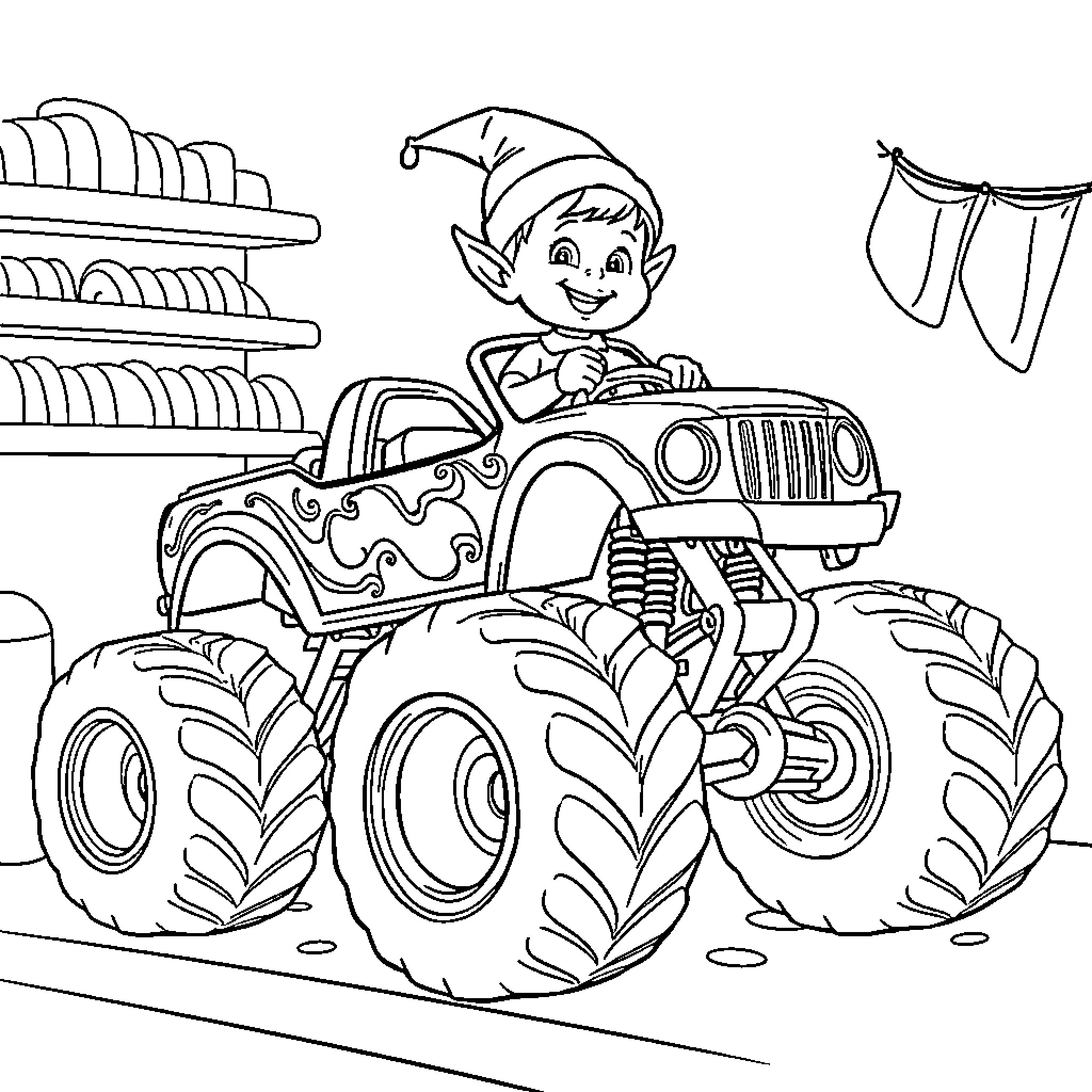 Elf driving a large monster truck in the workshop Coloring Page (free black-and-white line drawing printable PDF for all, from beginners to advanced learners, including children, teens, adults, and seniors)