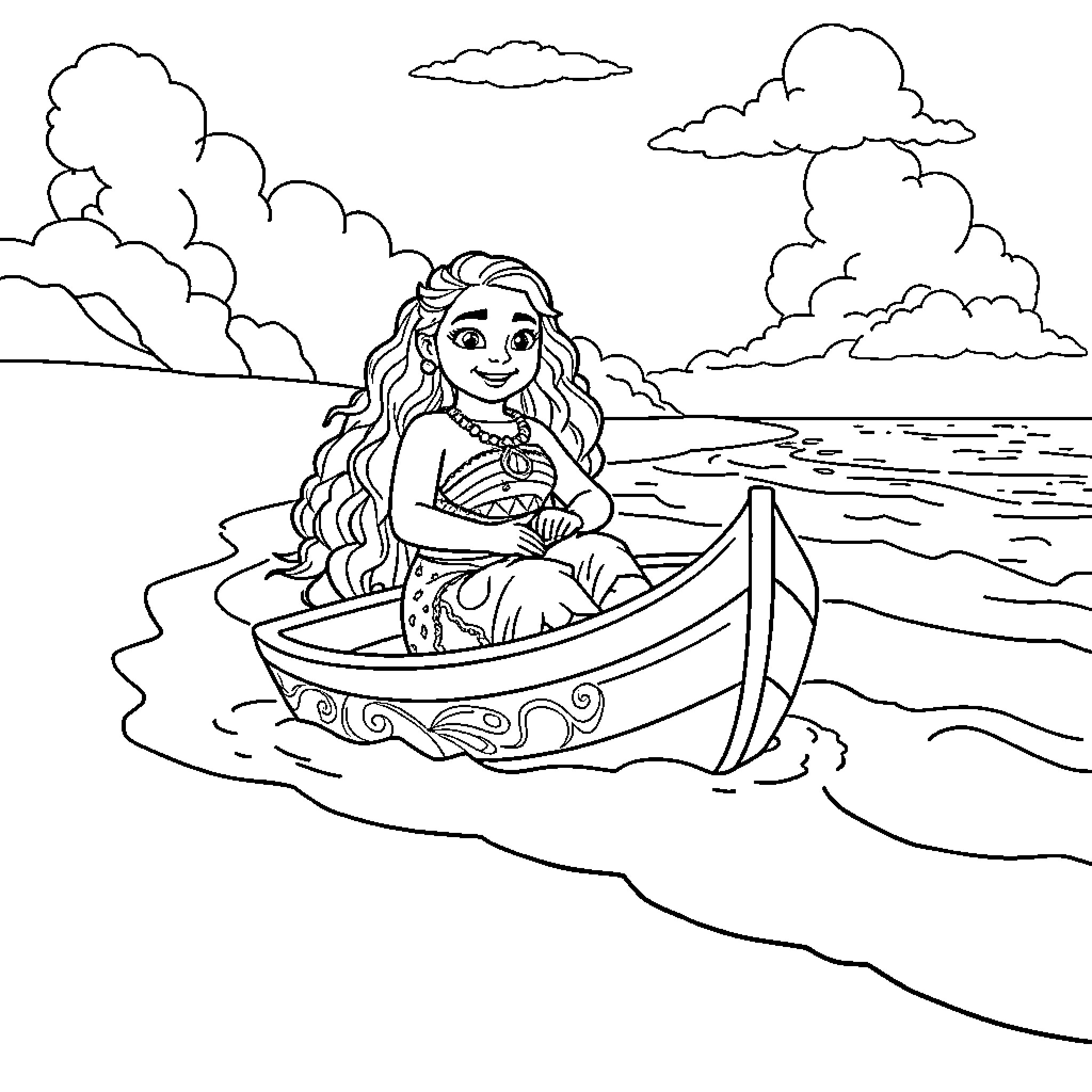 Moana sailing peacefully on the ocean Coloring Page (free black-and-white line drawing printable PDF for all, from beginners to advanced learners, including children, teens, adults, and seniors)