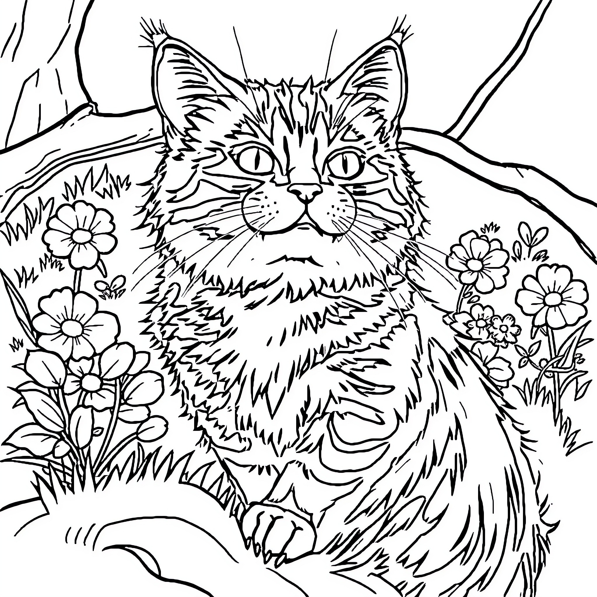 Cat and Dog in Floral Garden Coloring Page (free black-and-white line drawing printable PDF for all, from beginners to advanced learners, including children, teens, adults, and seniors)