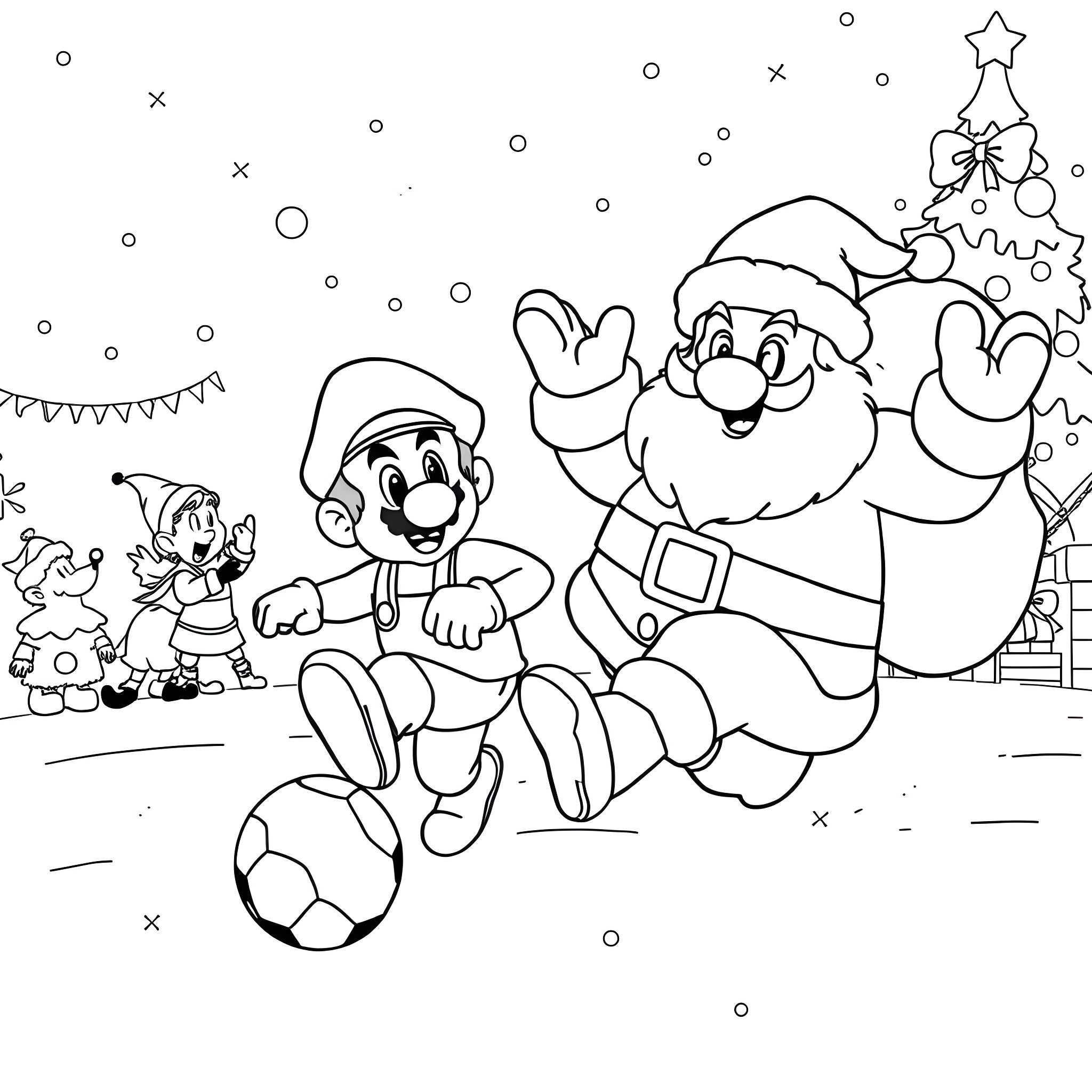Mario and friends celebrate Christmas in winter wonderland Coloring Page (free black-and-white line drawing printable PDF for all, from beginners to advanced learners, including children, teens, adults, and seniors)