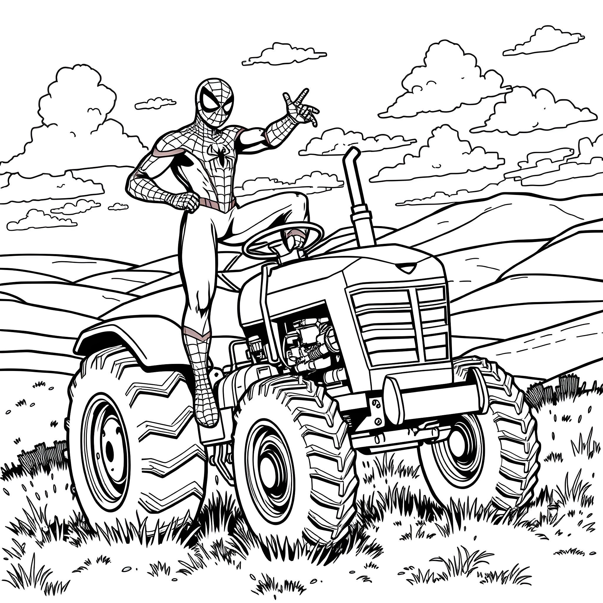 Spiderman riding on a tractor in the countryside Coloring Page (free black-and-white line drawing printable PDF for all, from beginners to advanced learners, including children, teens, adults, and seniors)
