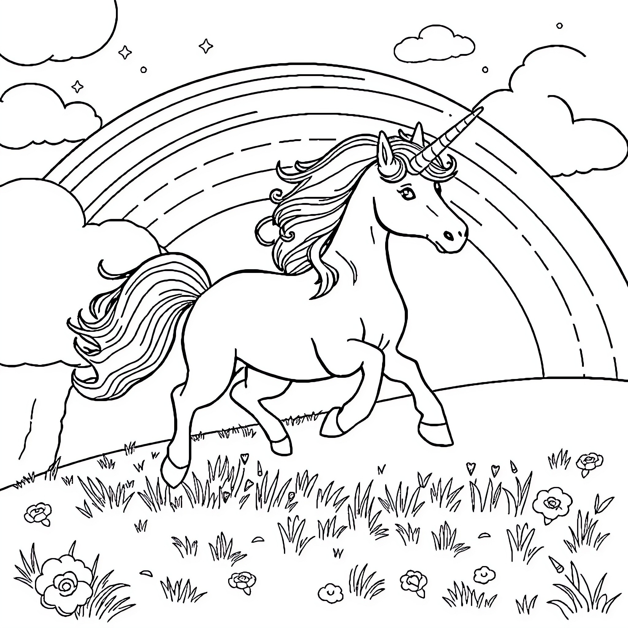 Unicorn galloping through a magical landscape Coloring Page (free black-and-white line drawing printable PDF for all, from beginners to advanced learners, including children, teens, adults, and seniors)