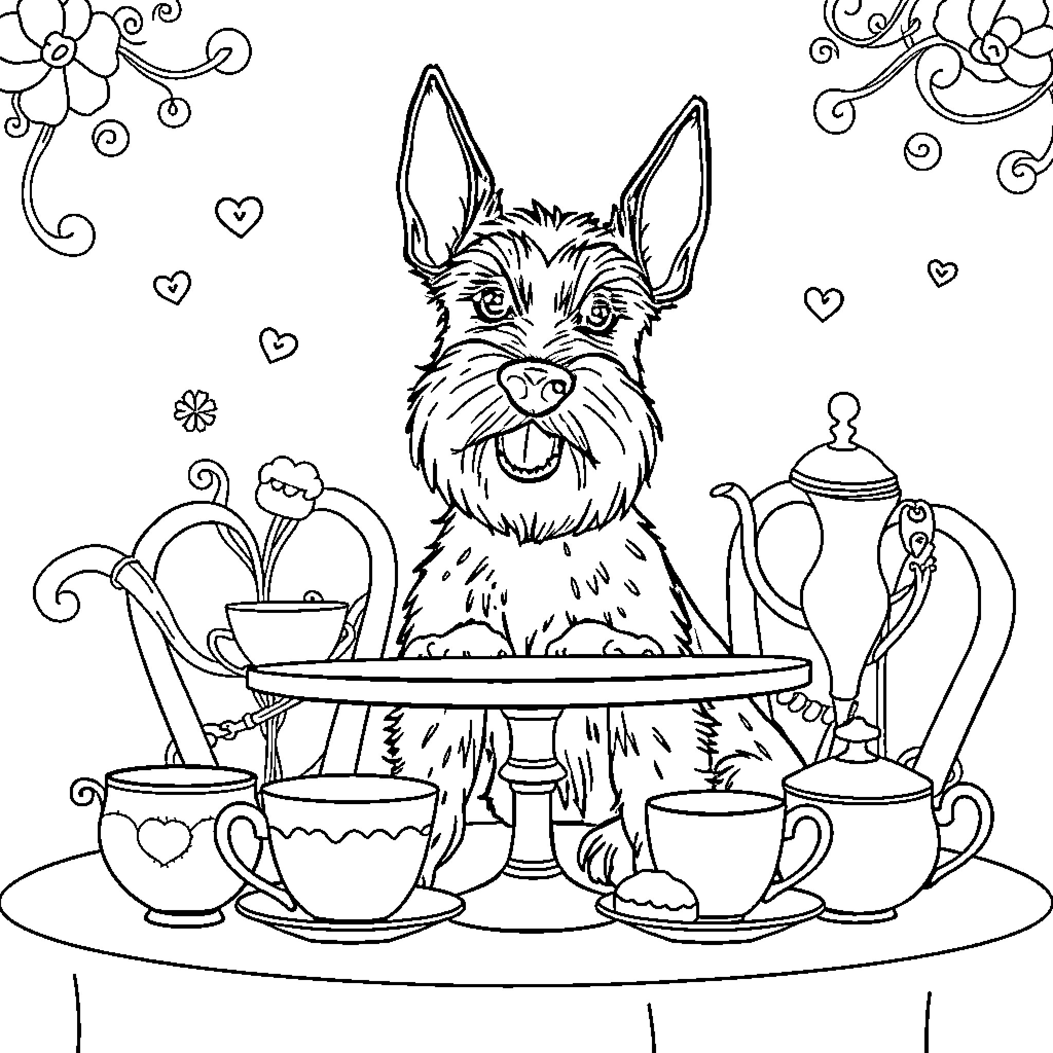 Schnauzer enjoying tea time with whimsical decorations Coloring Page (free black-and-white line drawing printable PDF for all, from beginners to advanced learners, including children, teens, adults, and seniors)