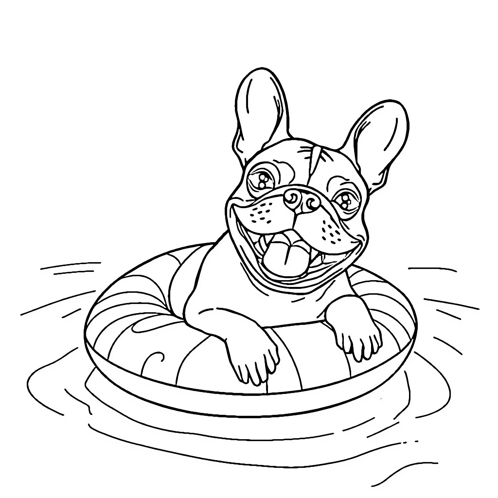 French Bulldog swimming joyfully in pool Coloring Page (free black-and-white line drawing printable PDF for all, from beginners to advanced learners, including children, teens, adults, and seniors)