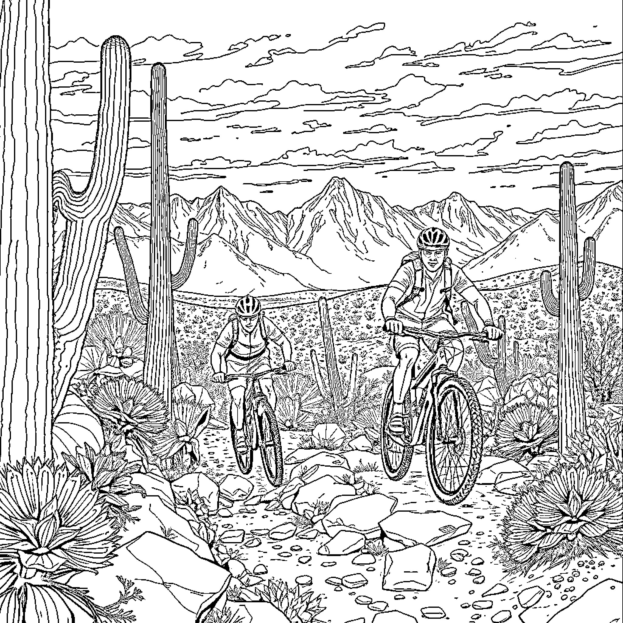 Mountain Bike Riders Exploring Desert Landscape Coloring Page (free black-and-white line drawing printable PDF for all, from beginners to advanced learners, including children, teens, adults, and seniors)