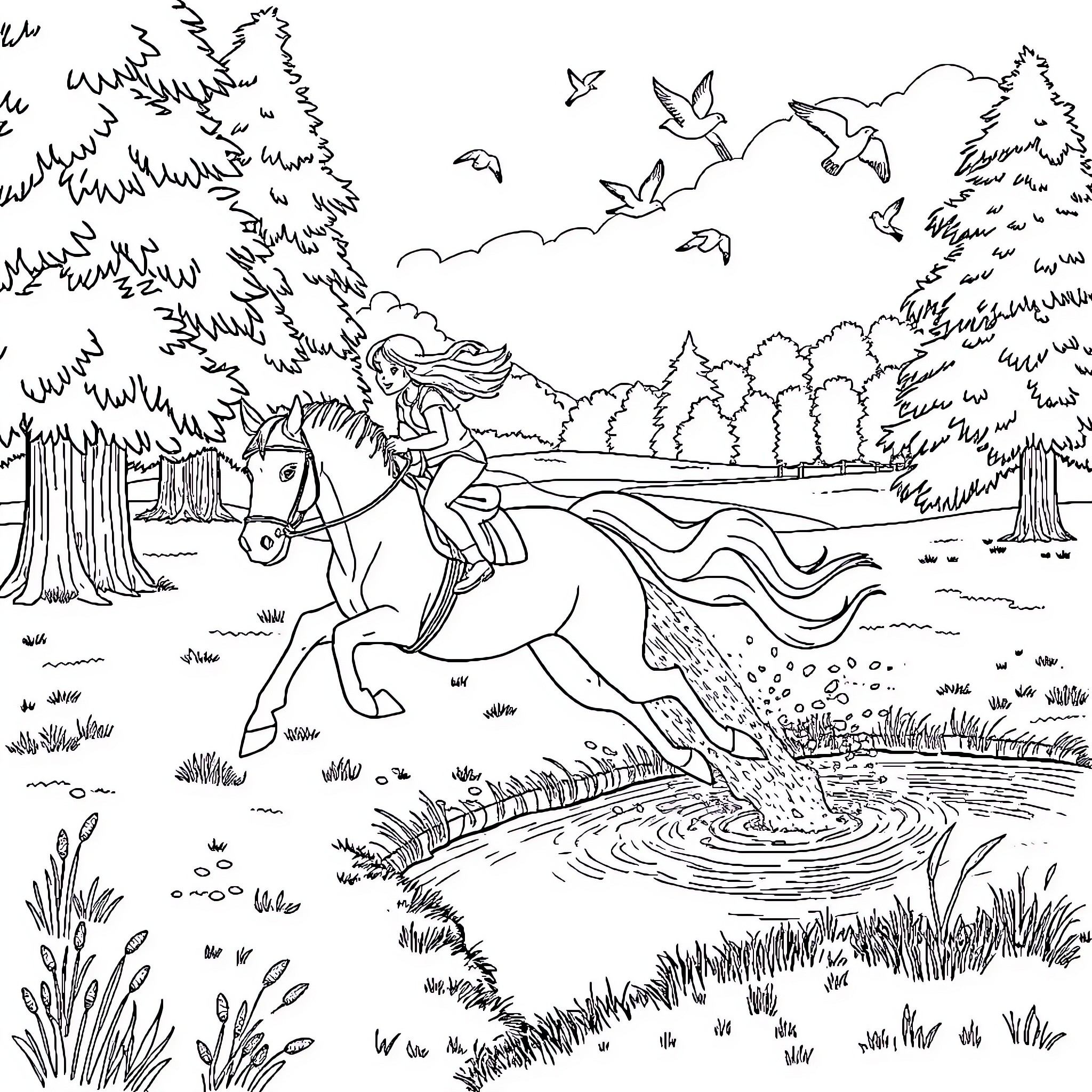 Bibi und Tina riding horses through the forest Coloring Page (free black-and-white line drawing printable PDF for all, from beginners to advanced learners, including children, teens, adults, and seniors)