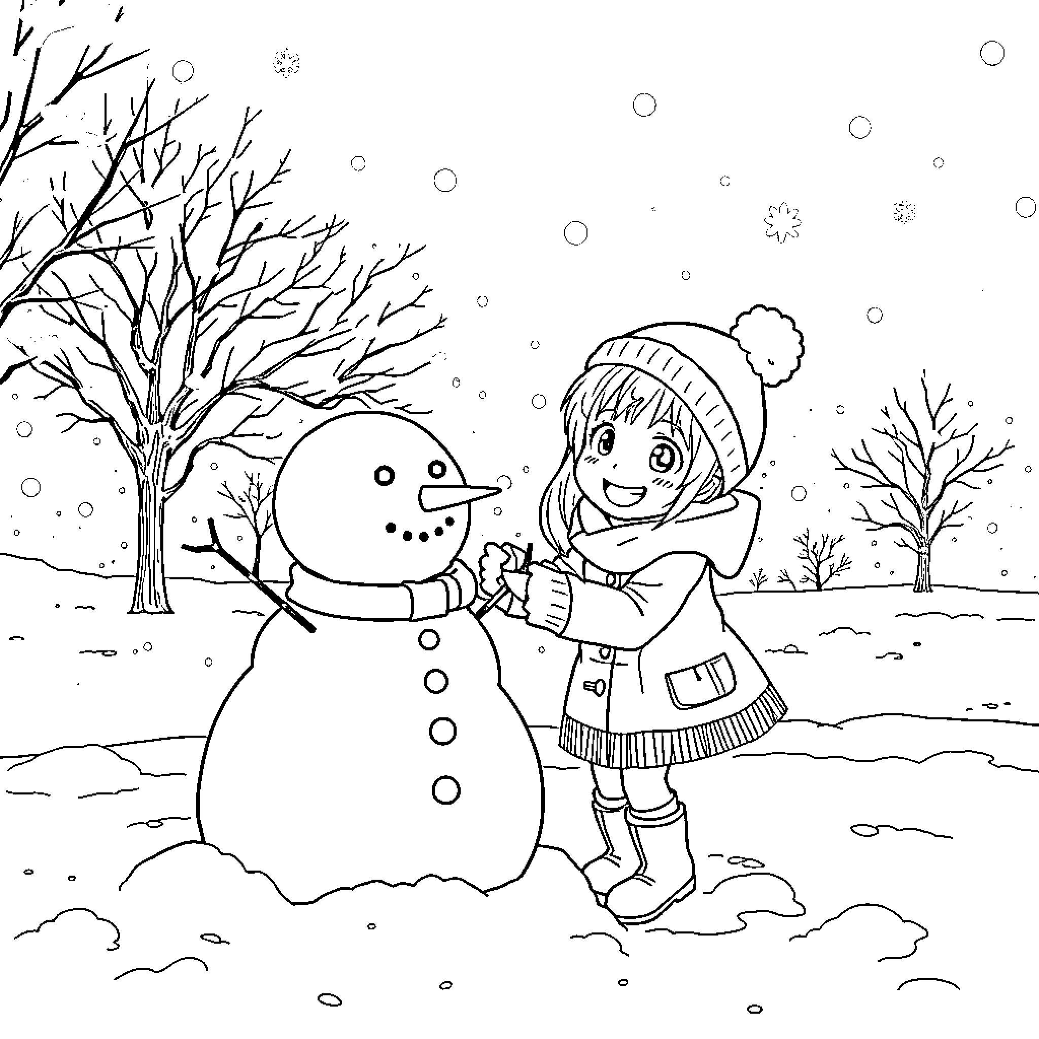 Kuromi building a snowman on a snowy winter day Coloring Page (free black-and-white line drawing printable PDF for all, from beginners to advanced learners, including children, teens, adults, and seniors)