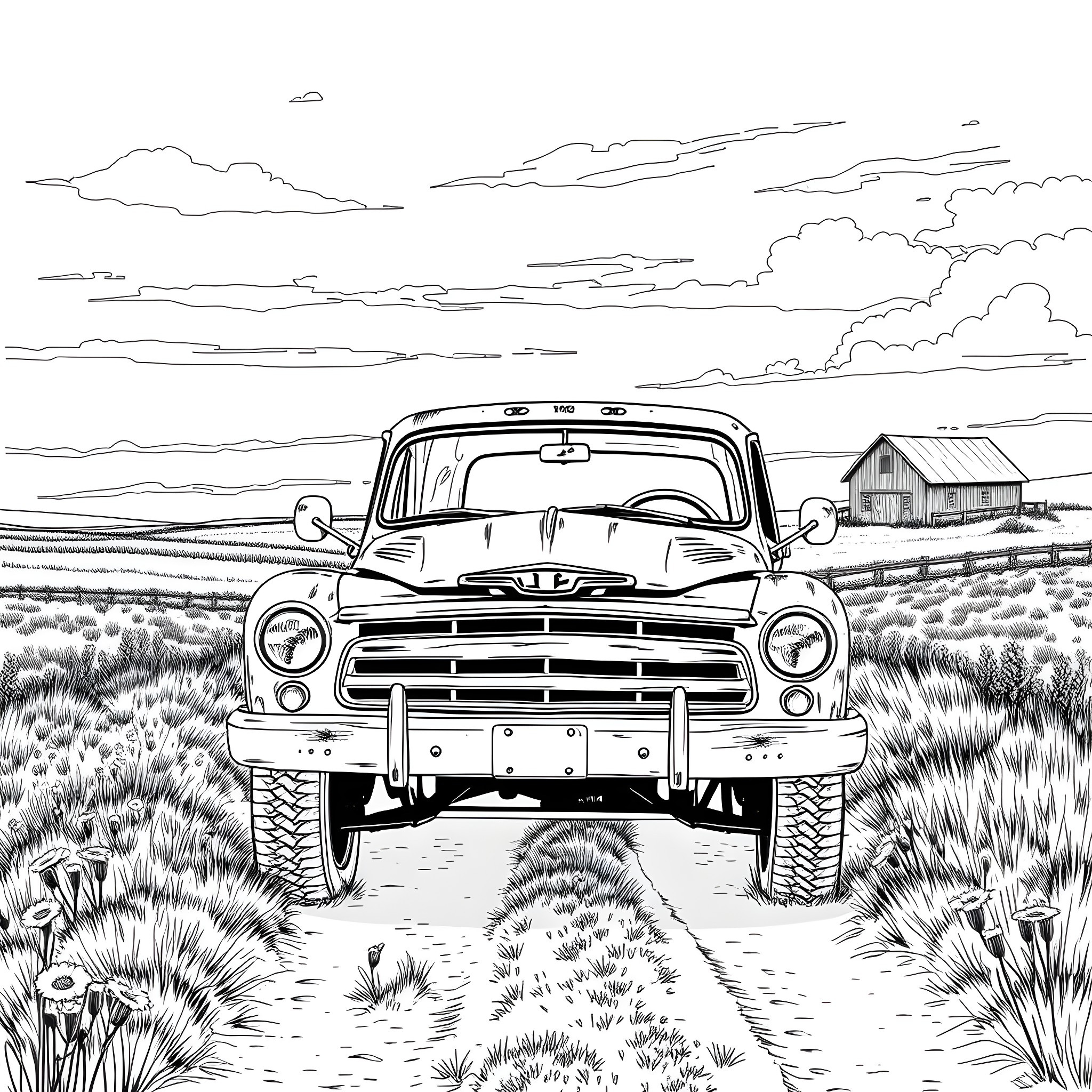 Truck parked in a rural countryside landscape Coloring Page (free black-and-white line drawing printable PDF for all, from beginners to advanced learners, including children, teens, adults, and seniors)