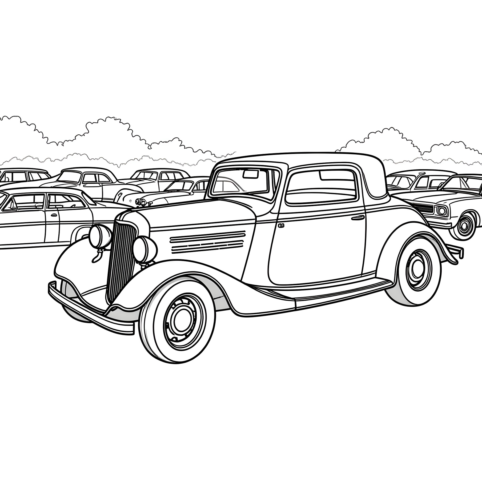 Chevy Vintage Cars Parked in the Lot Coloring Page (free black-and-white line drawing printable PDF for all, from beginners to advanced learners, including children, teens, adults, and seniors)