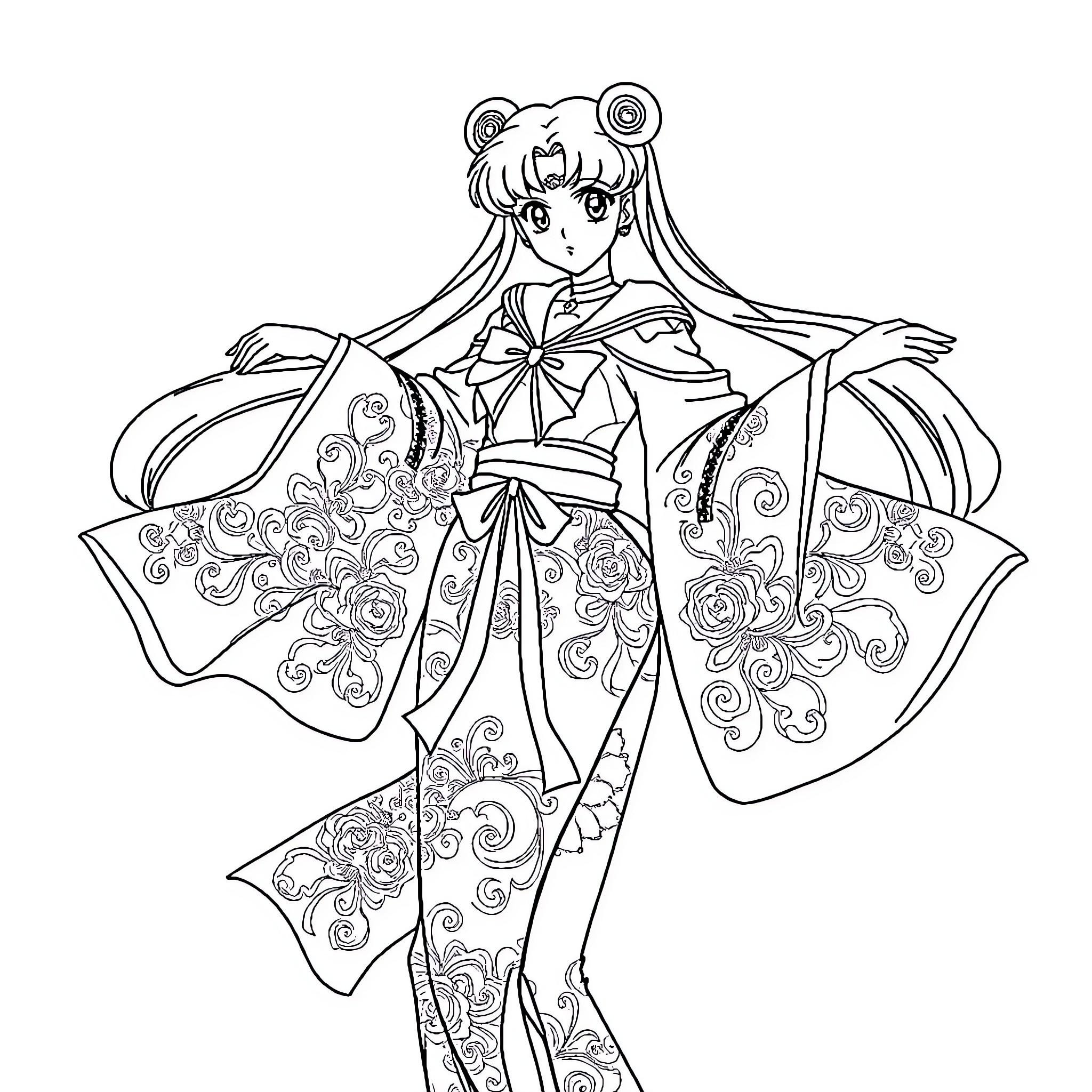 Sailor Moon in Elaborate Traditional Dress Coloring Page (free black-and-white line drawing printable PDF for all, from beginners to advanced learners, including children, teens, adults, and seniors)