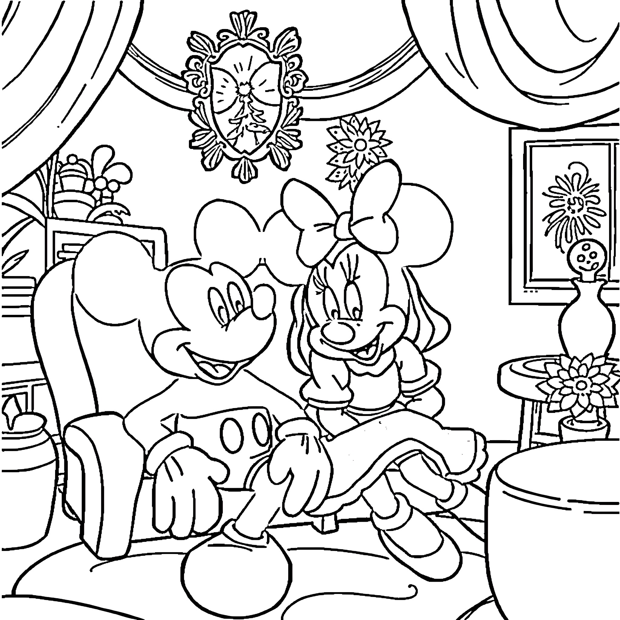 Mickey Mouse and Minnie Mouse's Romantic Moment Coloring Page (free black-and-white line drawing printable PDF for all, from beginners to advanced learners, including children, teens, adults, and seniors)