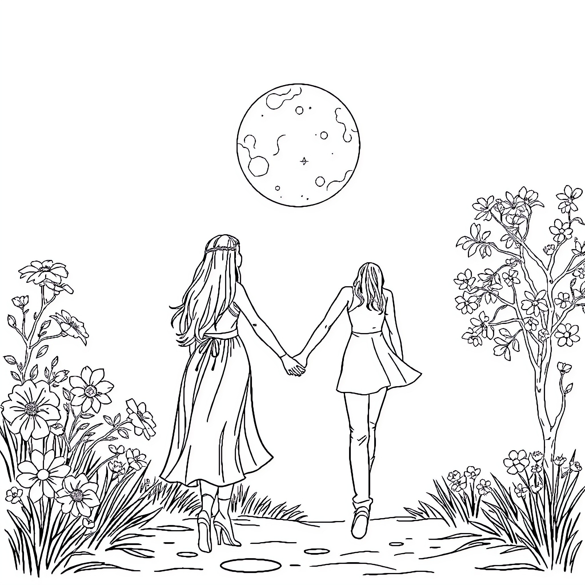 Couple strolling through a moonlit garden Coloring Page (free black-and-white line drawing printable PDF for all, from beginners to advanced learners, including children, teens, adults, and seniors)