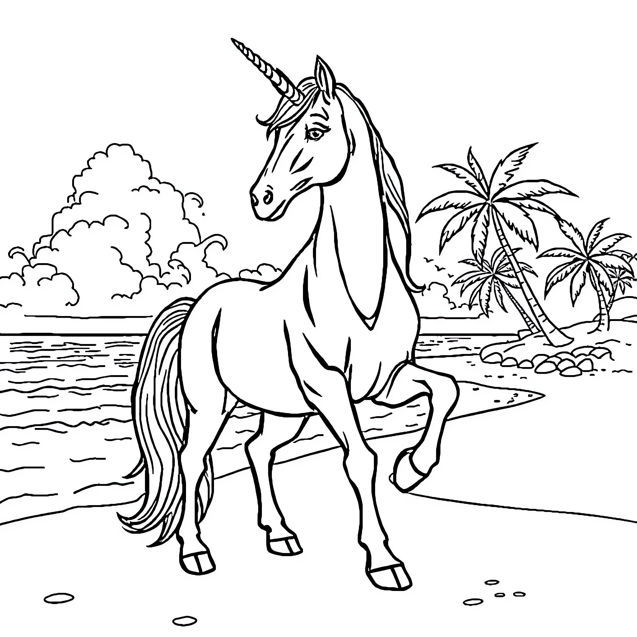Unicorn standing proudly in tropical paradise Coloring Page (free black-and-white line drawing printable PDF for all, from beginners to advanced learners, including children, teens, adults, and seniors)