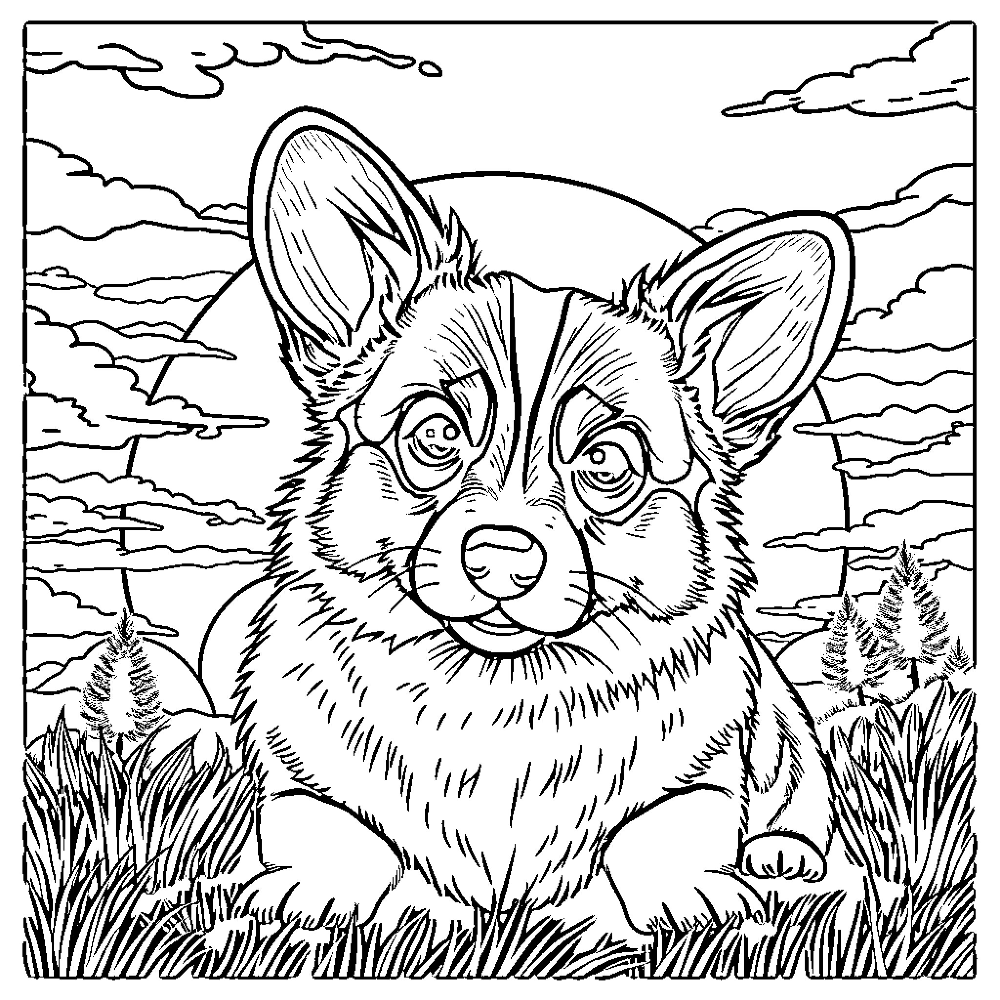 Corgi exploring the great outdoors Coloring Page (free black-and-white line drawing printable PDF for all, from beginners to advanced learners, including children, teens, adults, and seniors)