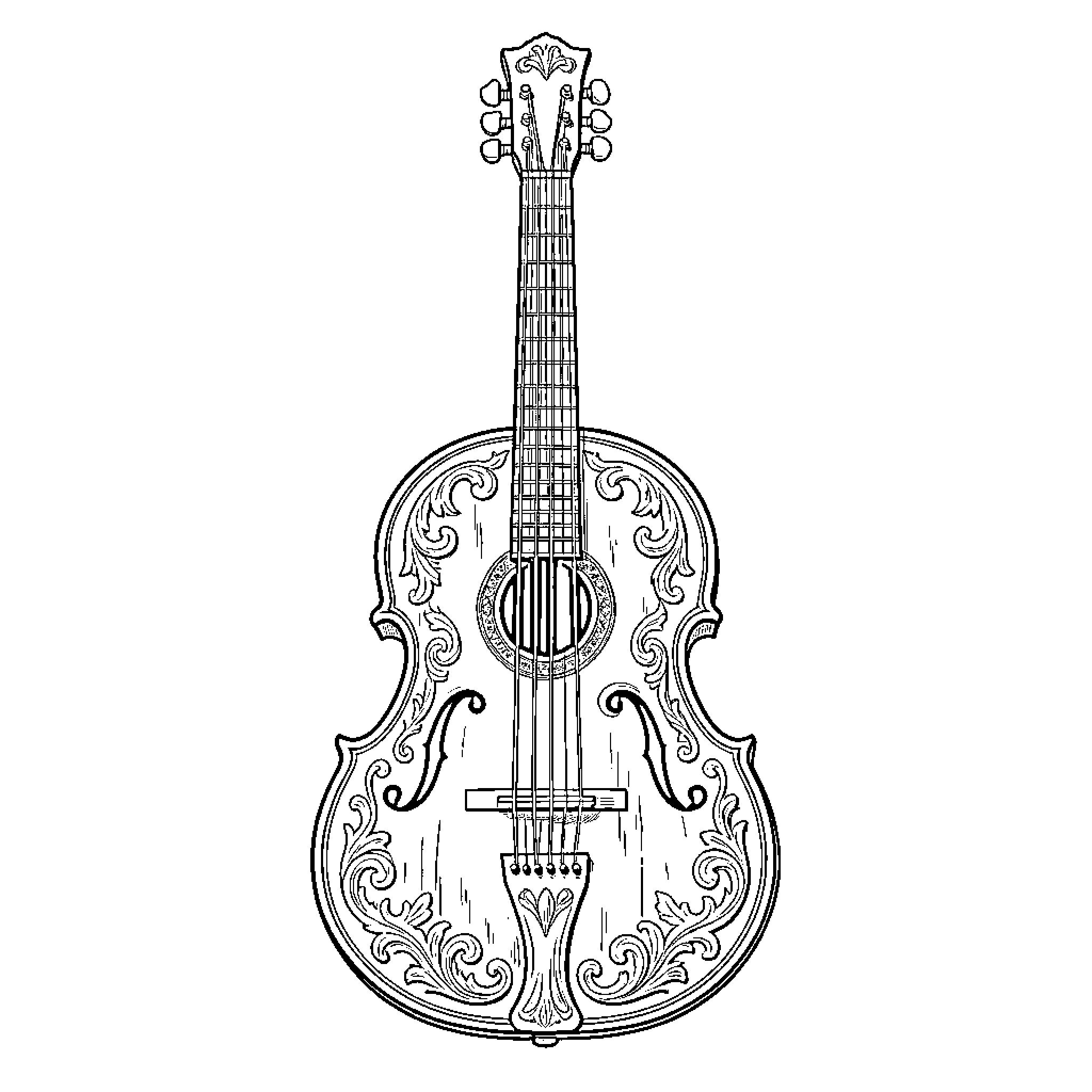 Guitar with ornamental design Coloring Page (free black-and-white line drawing printable PDF for all, from beginners to advanced learners, including children, teens, adults, and seniors)