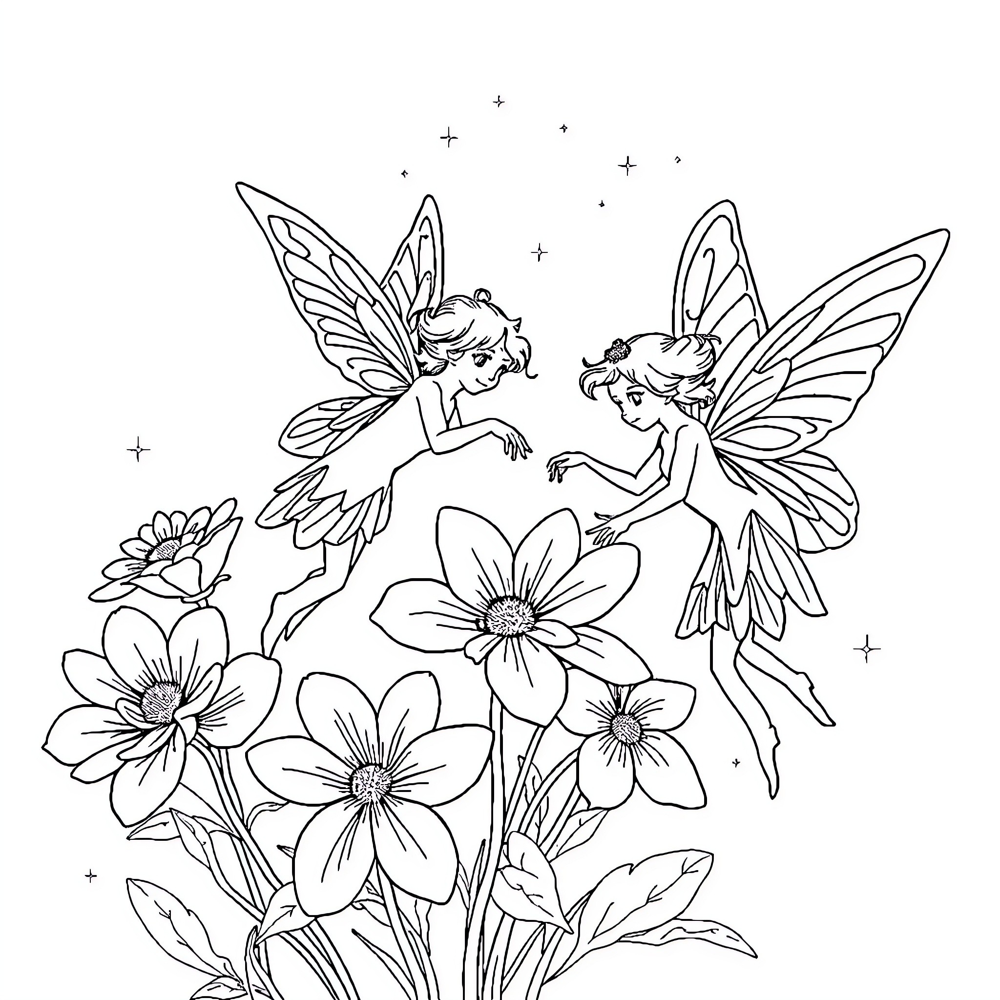 Fairy Fairies Playing Amidst Floral Garden Coloring Page (free black-and-white line drawing printable PDF for all, from beginners to advanced learners, including children, teens, adults, and seniors)