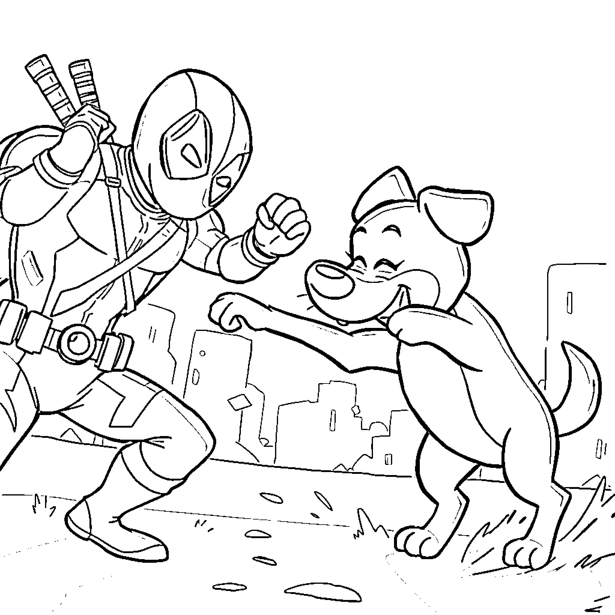 Bluey and Deadpool on a Cityscape Adventure Coloring Page (free black-and-white line drawing printable PDF for all, from beginners to advanced learners, including children, teens, adults, and seniors)