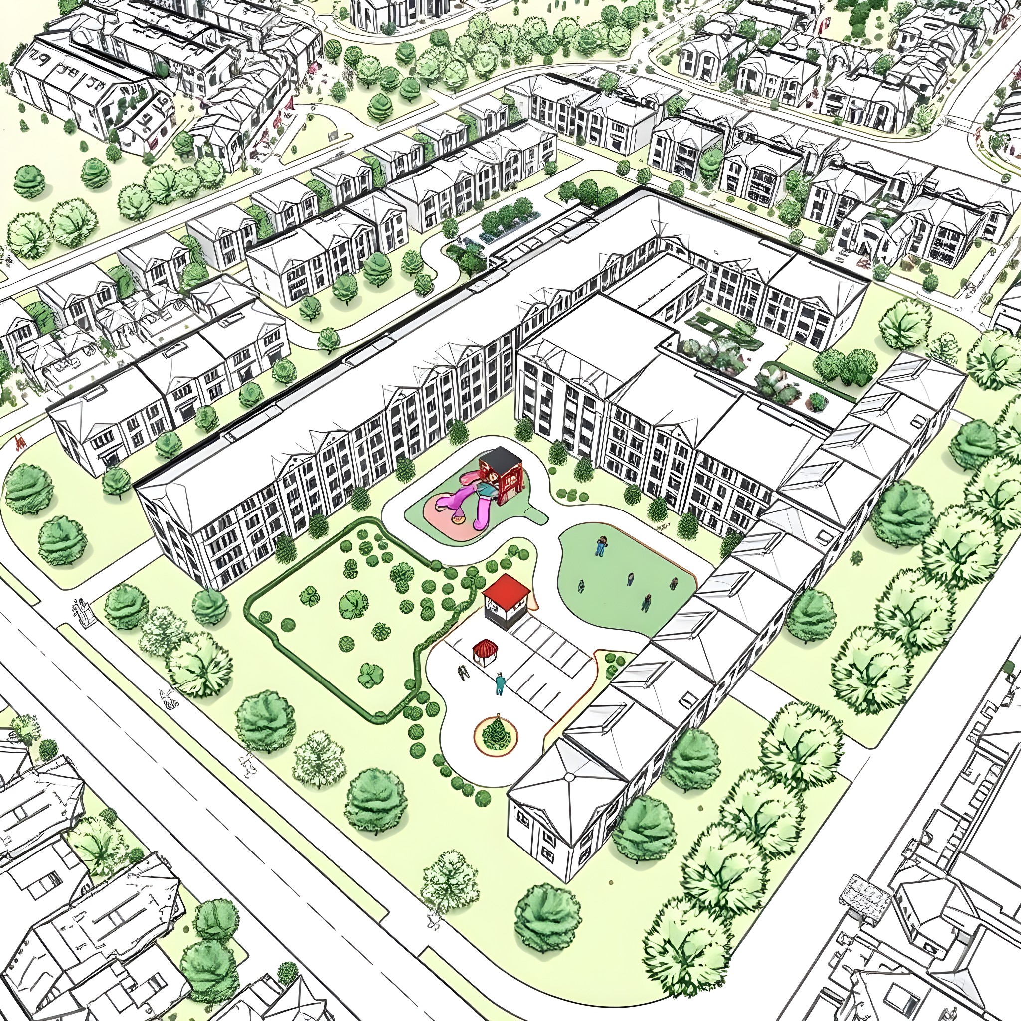 Apartment complex with outdoor amenities and landscaping Coloring Page (free black-and-white line drawing printable PDF for all, from beginners to advanced learners, including children, teens, adults, and seniors)