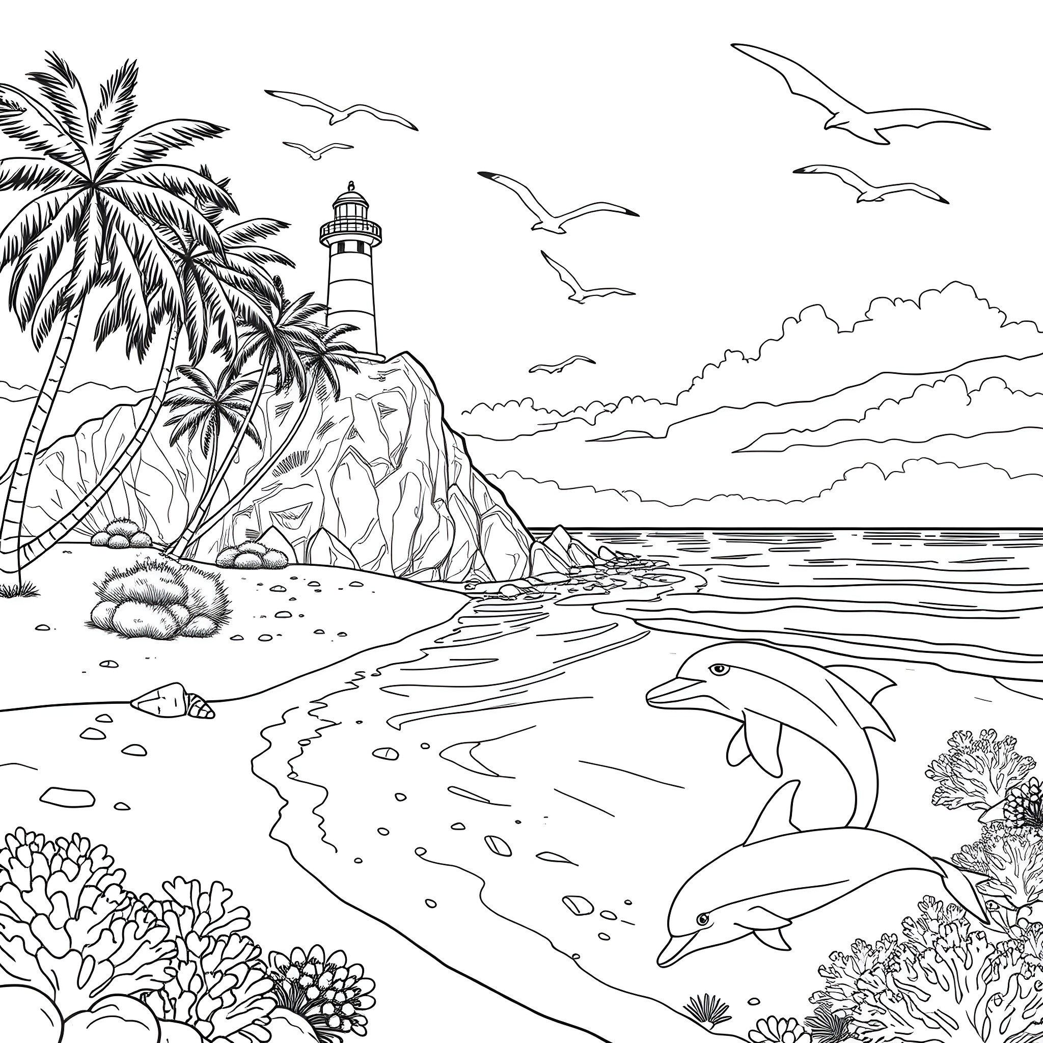 Ocean Landscape with Lighthouse and Dolphins Coloring Page (free black-and-white line drawing printable PDF for all, from beginners to advanced learners, including children, teens, adults, and seniors)