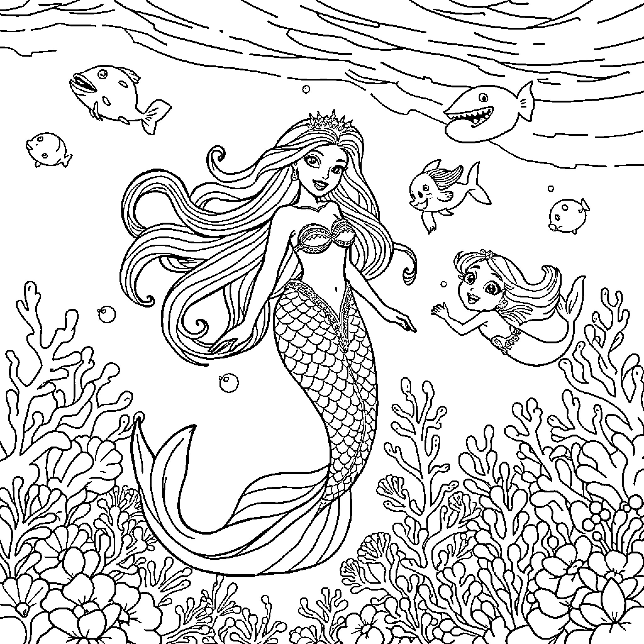 Mermaid swimming gracefully among coral reefs and fish Coloring Page (free black-and-white line drawing printable PDF for all, from beginners to advanced learners, including children, teens, adults, and seniors)