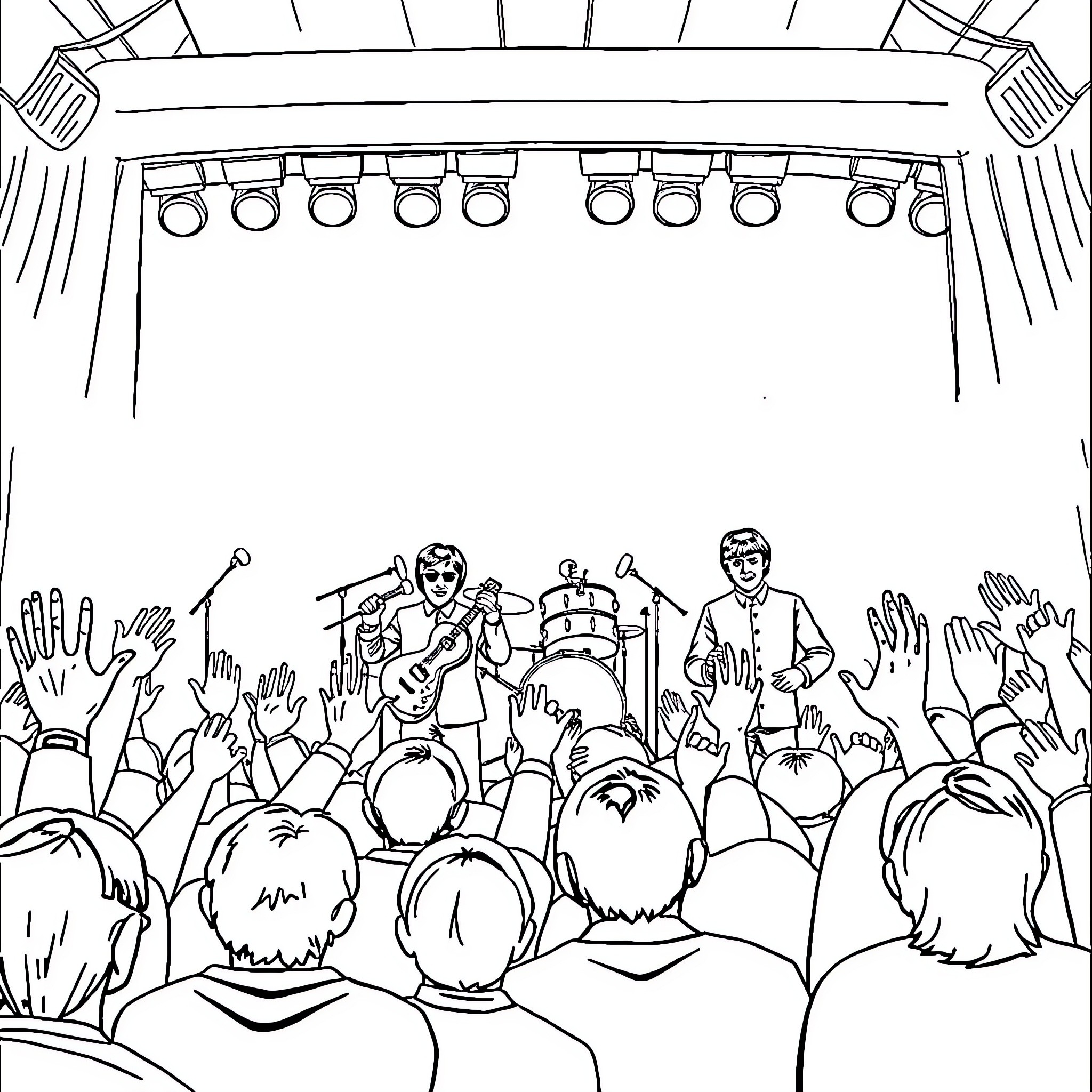 The Beatles Performing on Stage for Adoring Crowd Coloring Page (free black-and-white line drawing printable PDF for all, from beginners to advanced learners, including children, teens, adults, and seniors)