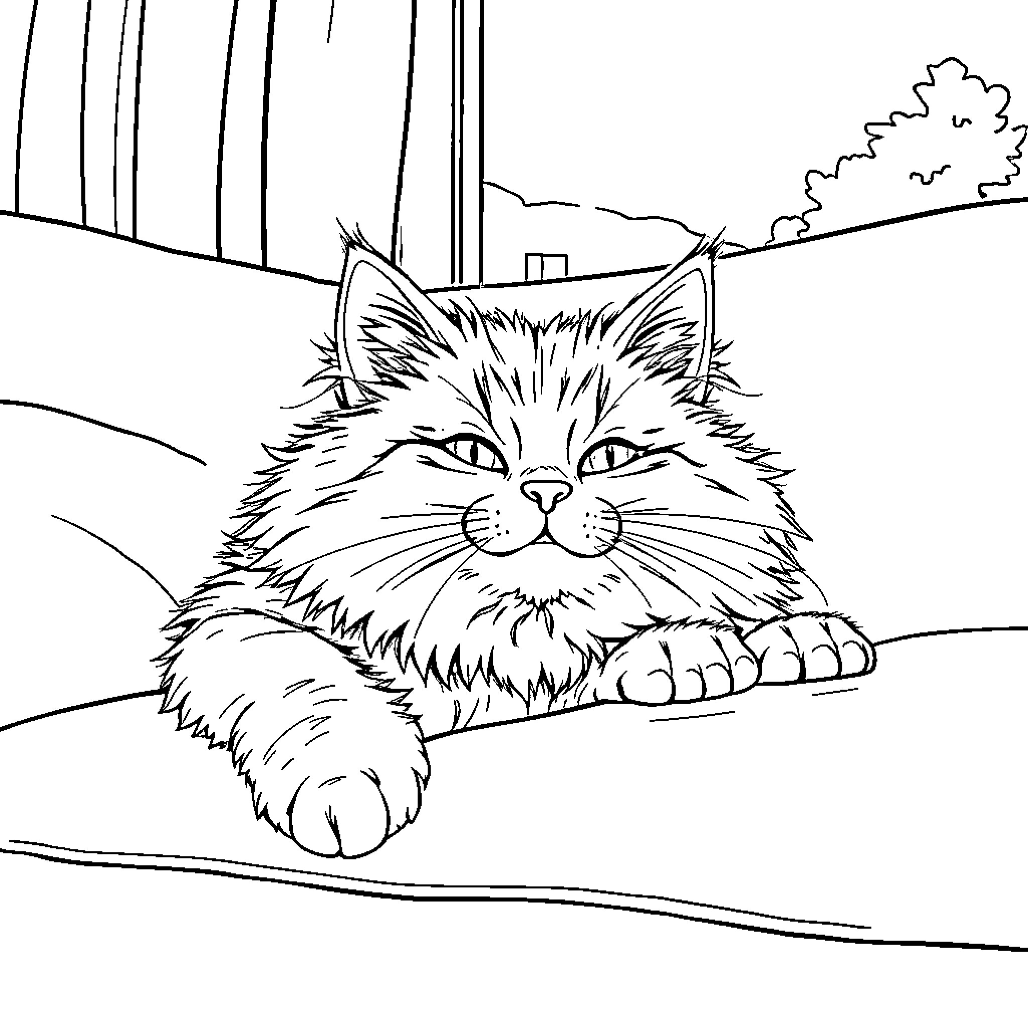 Cat lounging peacefully in the countryside Coloring Page (free black-and-white line drawing printable PDF for all, from beginners to advanced learners, including children, teens, adults, and seniors)