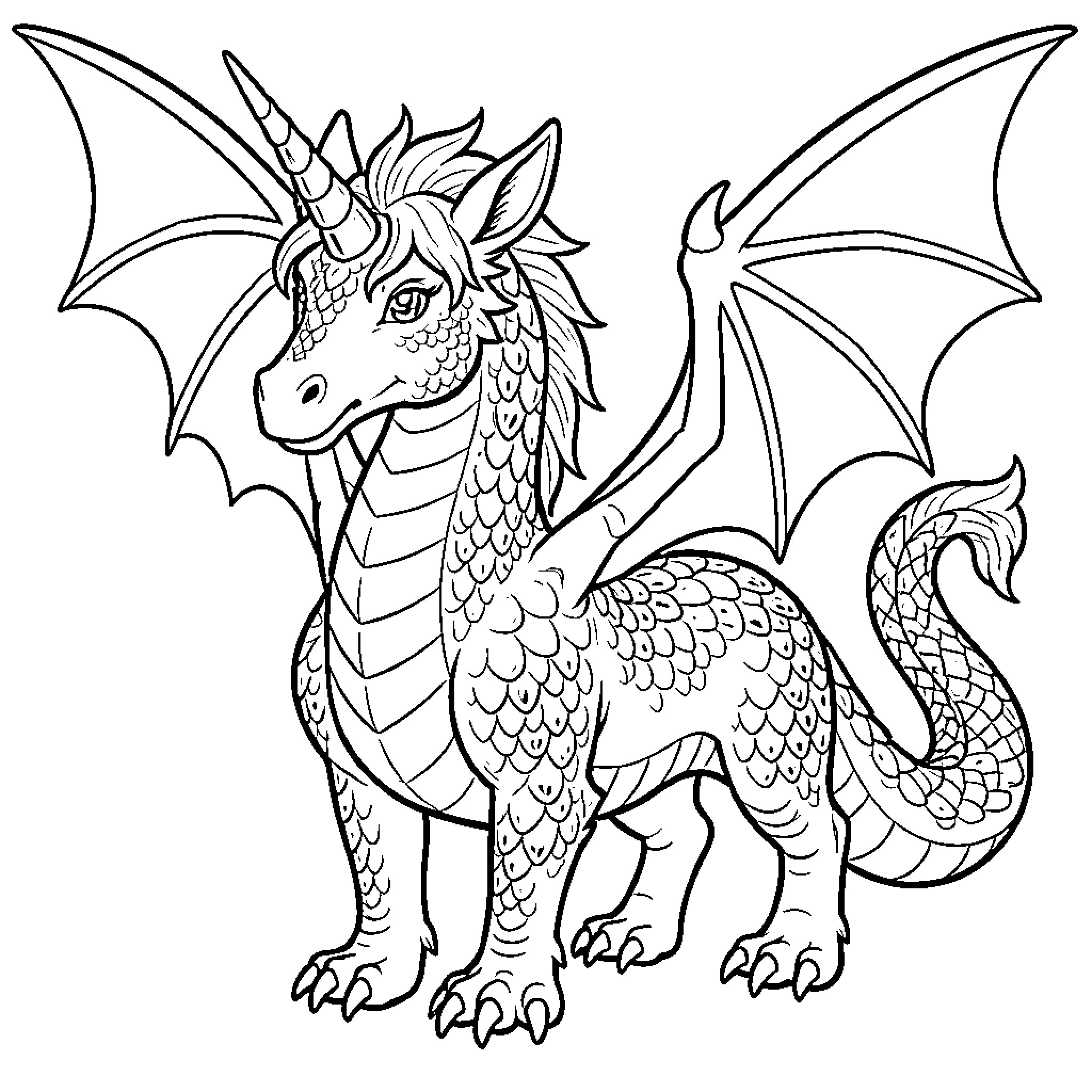Unicorn-Dragon Mythical Creature Outlined Coloring Page (free black-and-white line drawing printable PDF for all, from beginners to advanced learners, including children, teens, adults, and seniors)