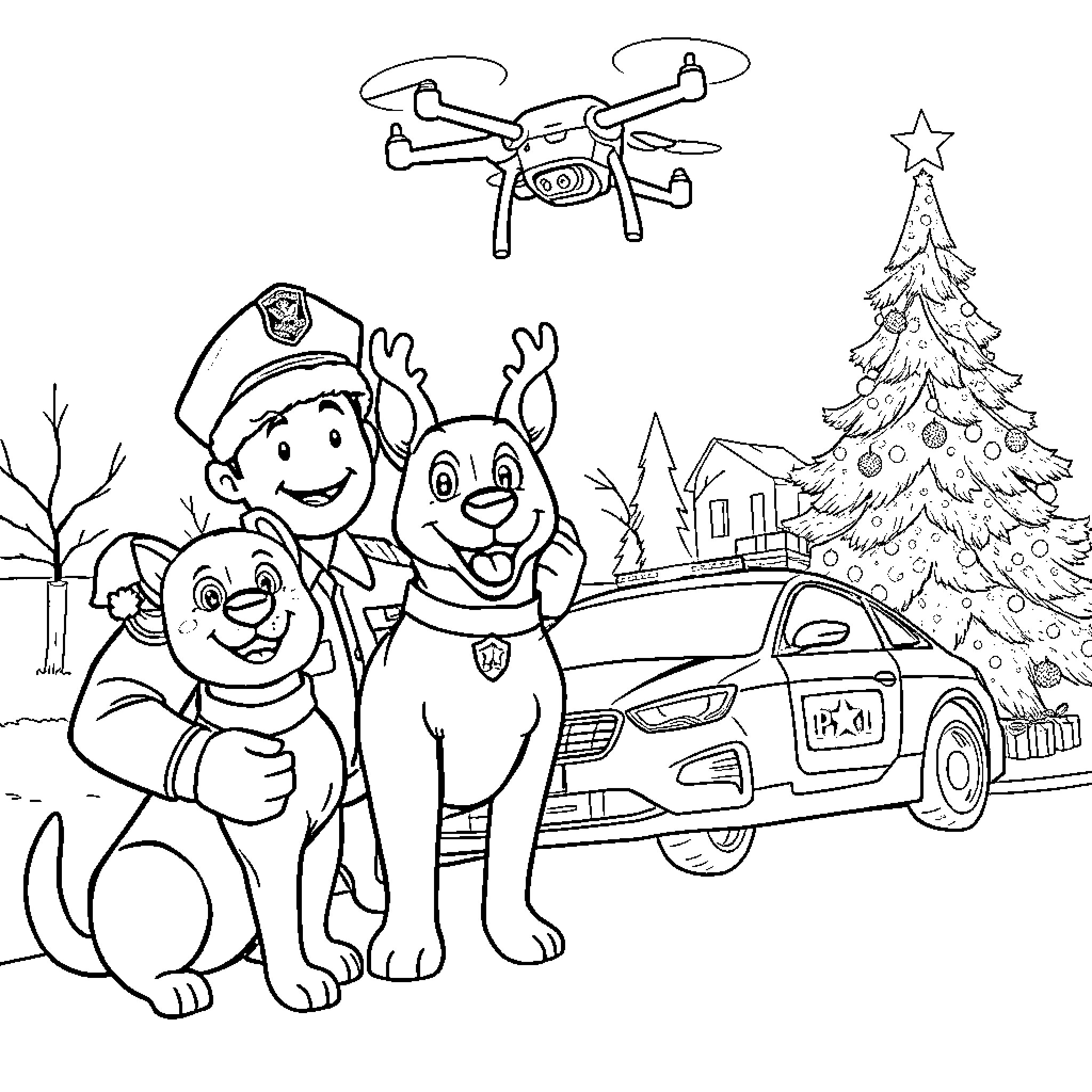 Police officers with cheerful canine partners at winter scene Coloring Page (free black-and-white line drawing printable PDF for all, from beginners to advanced learners, including children, teens, adults, and seniors)
