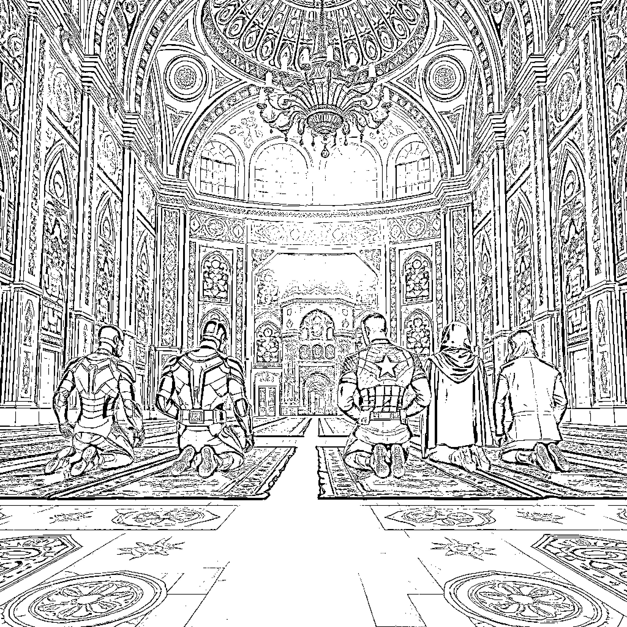 Avengers Assemble in Majestic Throne Room Coloring Page (free black-and-white line drawing printable PDF for all, from beginners to advanced learners, including children, teens, adults, and seniors)