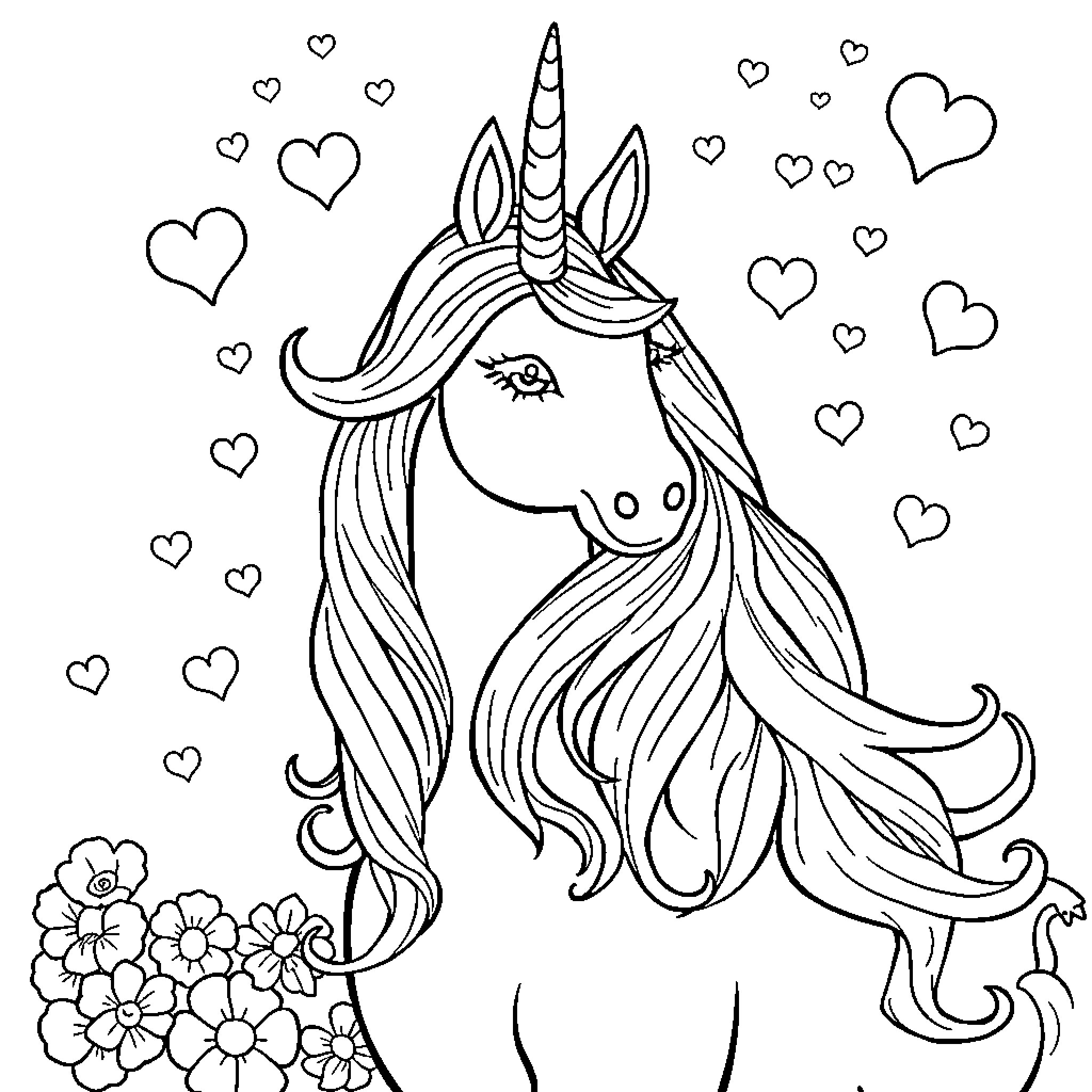 Unicorn with Flowing Mane and Floral Accents Coloring Page (free black-and-white line drawing printable PDF for all, from beginners to advanced learners, including children, teens, adults, and seniors)