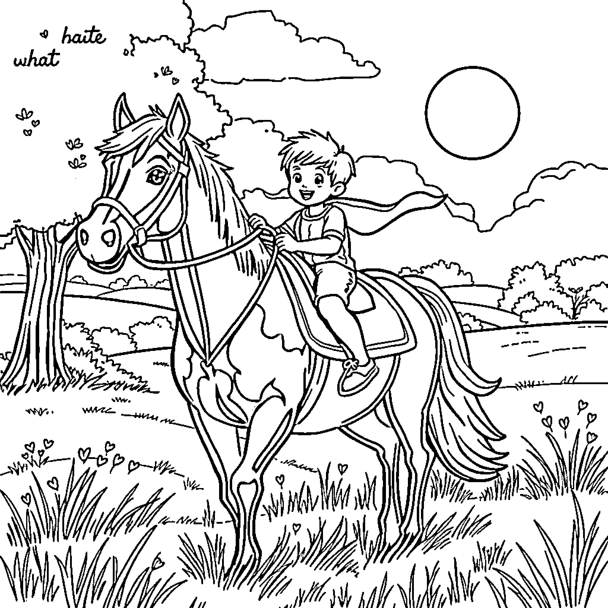 Boy riding a horse in the countryside Coloring Page (free black-and-white line drawing printable PDF for all, from beginners to advanced learners, including children, teens, adults, and seniors)