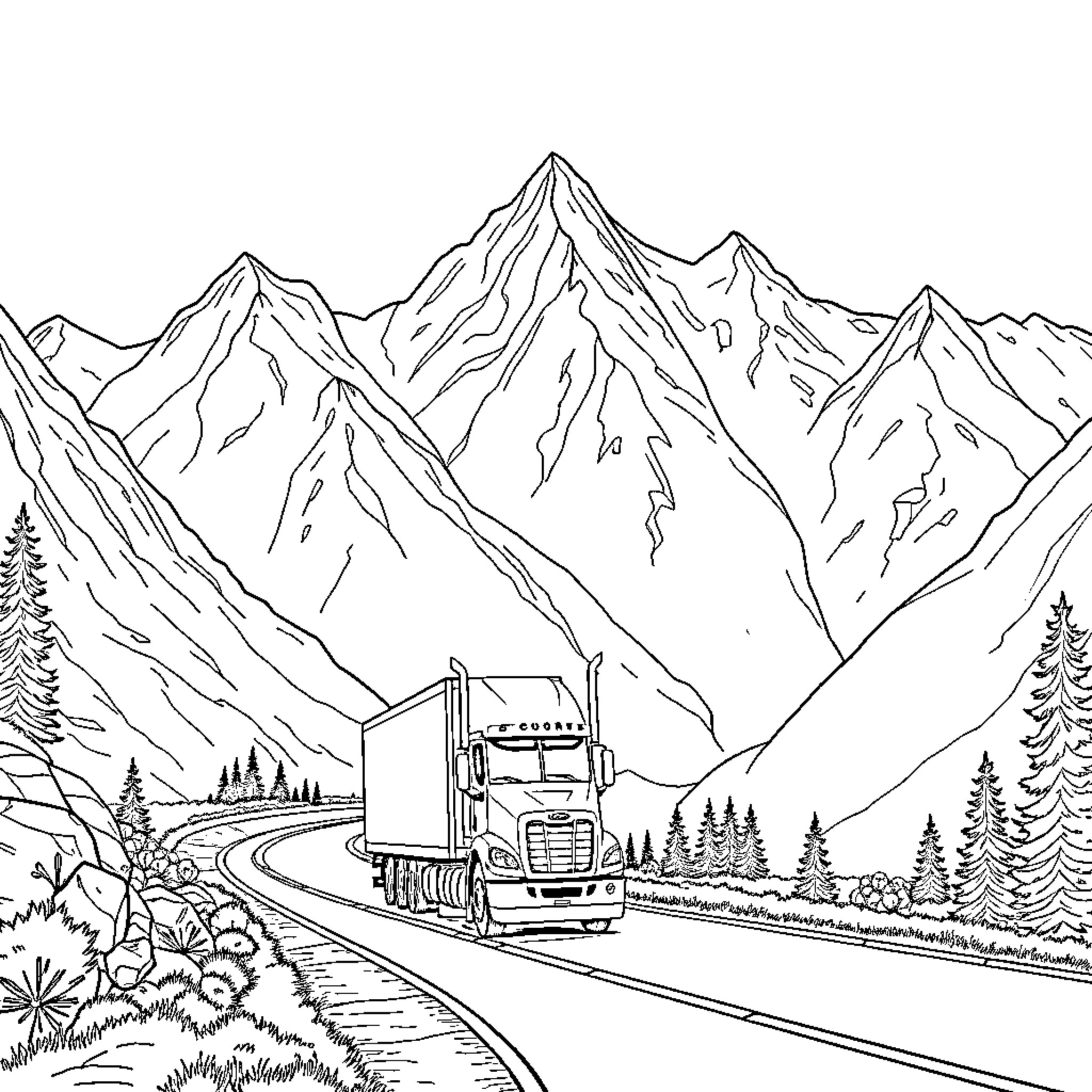 Truck transporting goods through scenic mountain landscape Coloring Page (free black-and-white line drawing printable PDF for all, from beginners to advanced learners, including children, teens, adults, and seniors)
