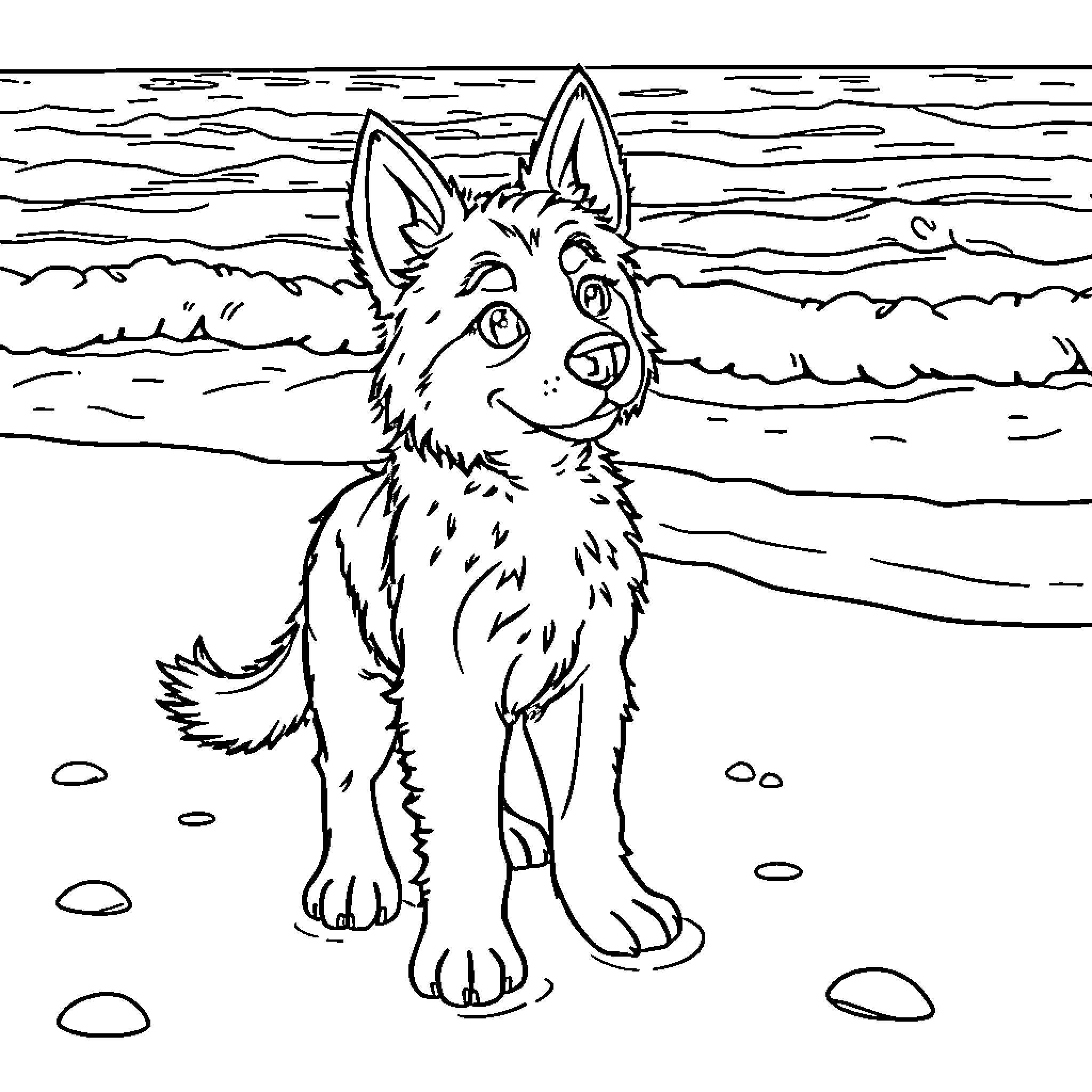 Huntrix Canine Exploring the Beachscape Coloring Page (free black-and-white line drawing printable PDF for all, from beginners to advanced learners, including children, teens, adults, and seniors)