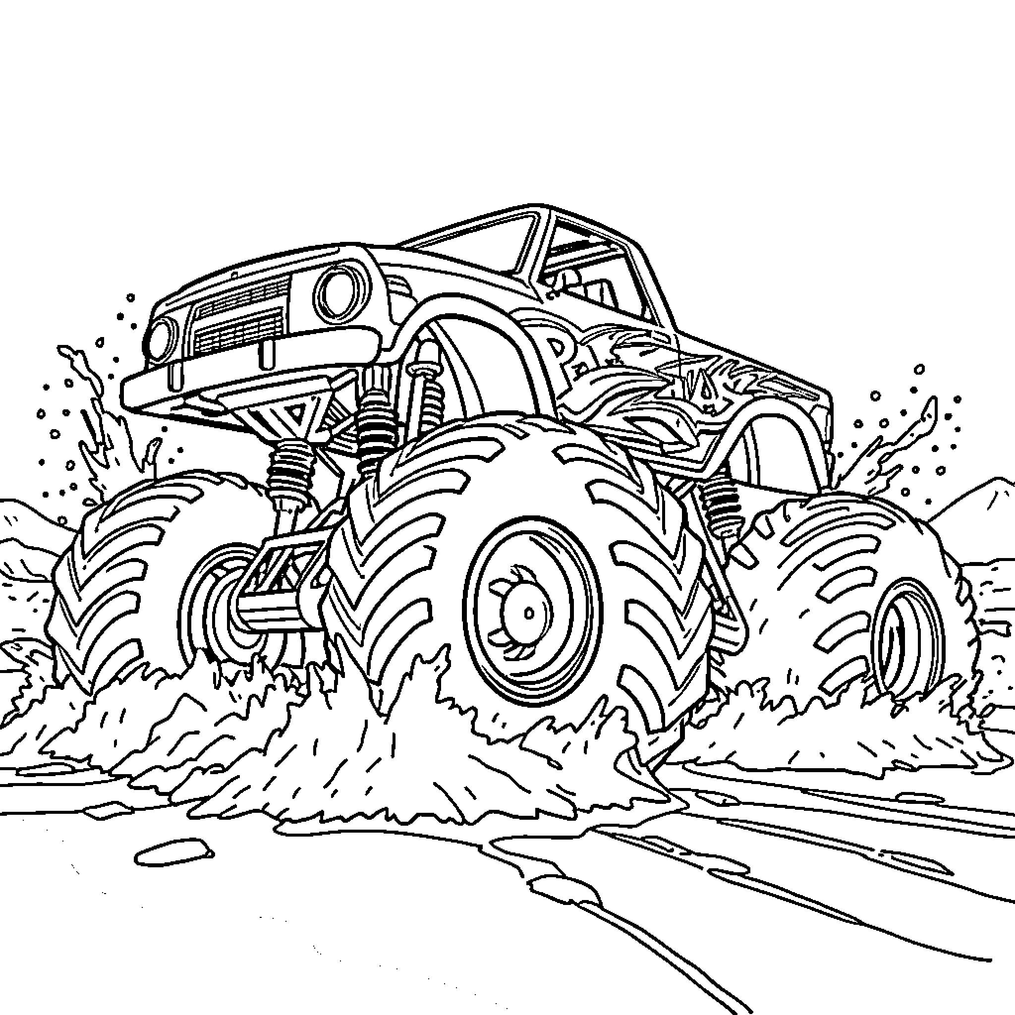 Monster Truck Roaring through the Dirt Coloring Page (free black-and-white line drawing printable PDF for all, from beginners to advanced learners, including children, teens, adults, and seniors)