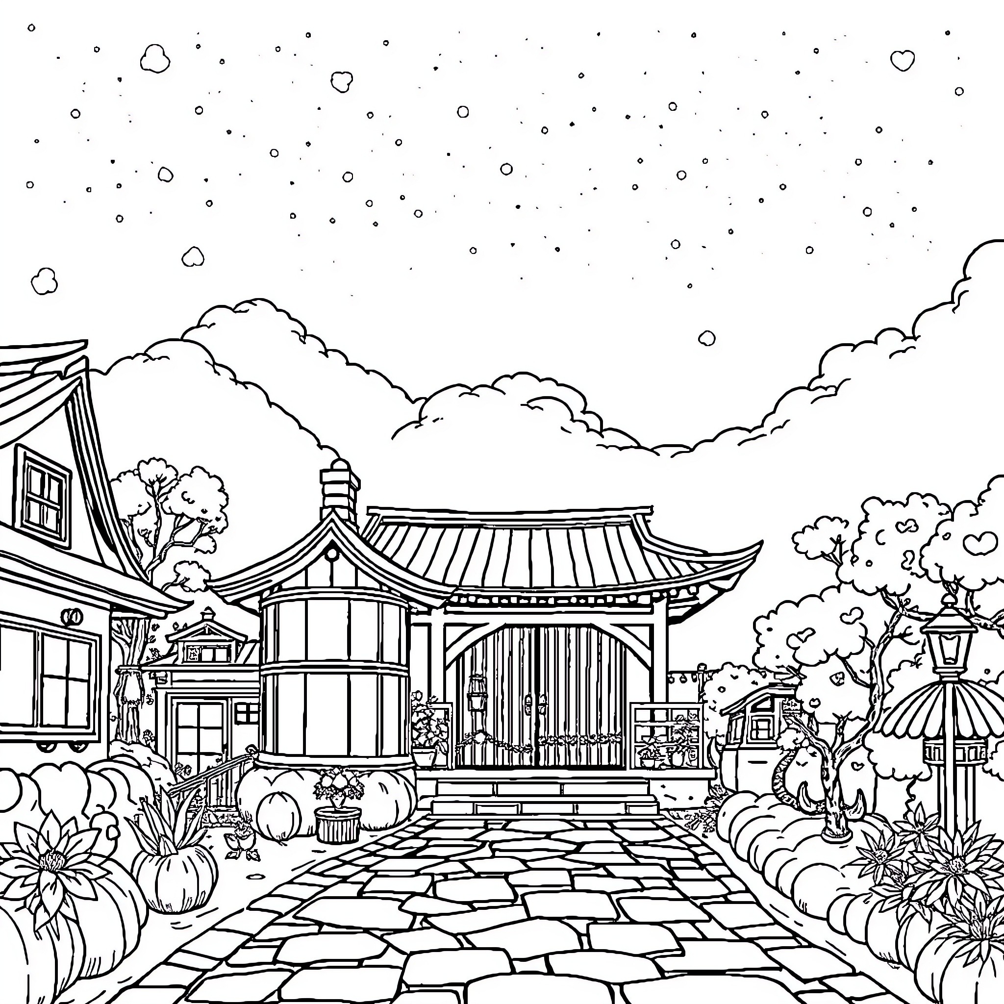 Ghibli Studio Scene with Pagoda and Pathway Coloring Page (free black-and-white line drawing printable PDF for all, from beginners to advanced learners, including children, teens, adults, and seniors)