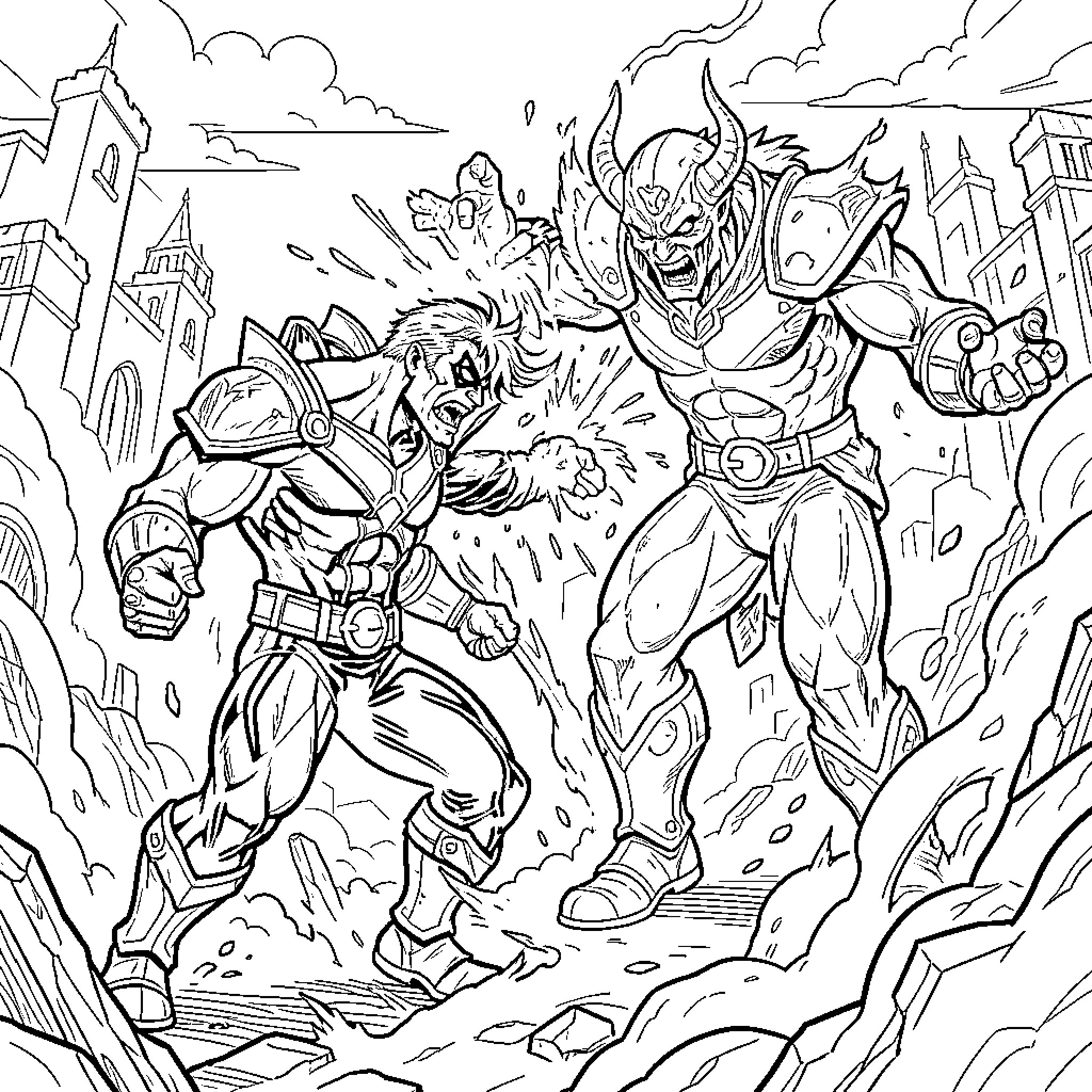 Spawn of Superheroes Clash in Cityscape Coloring Page (free black-and-white line drawing printable PDF for all, from beginners to advanced learners, including children, teens, adults, and seniors)